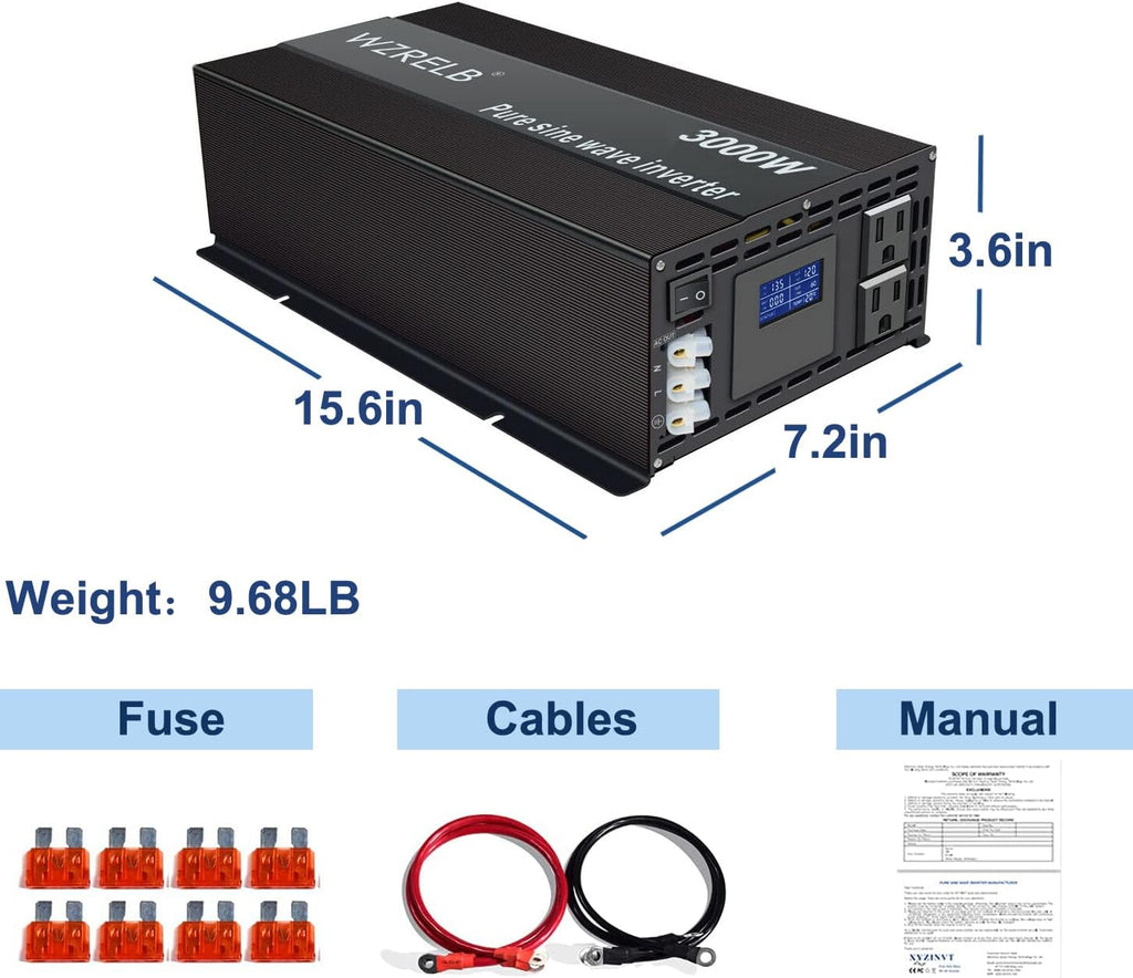 WZRELB Pure Sine Wave Inverter 3000W 12VDC to 120VAC Solar Power Peak 6000W Converter Truck RV Home LCD Display, Black (LN300012)