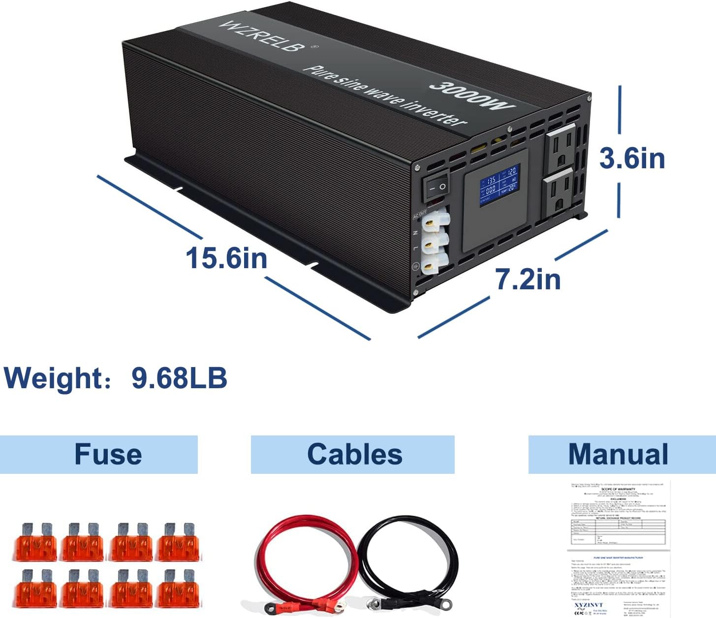 WZRELB Pure Sine Wave Inverter 3000W 12VDC to 120VAC Solar Power Peak 6000W Converter Truck RV Home LCD Display, Black (LN300012)