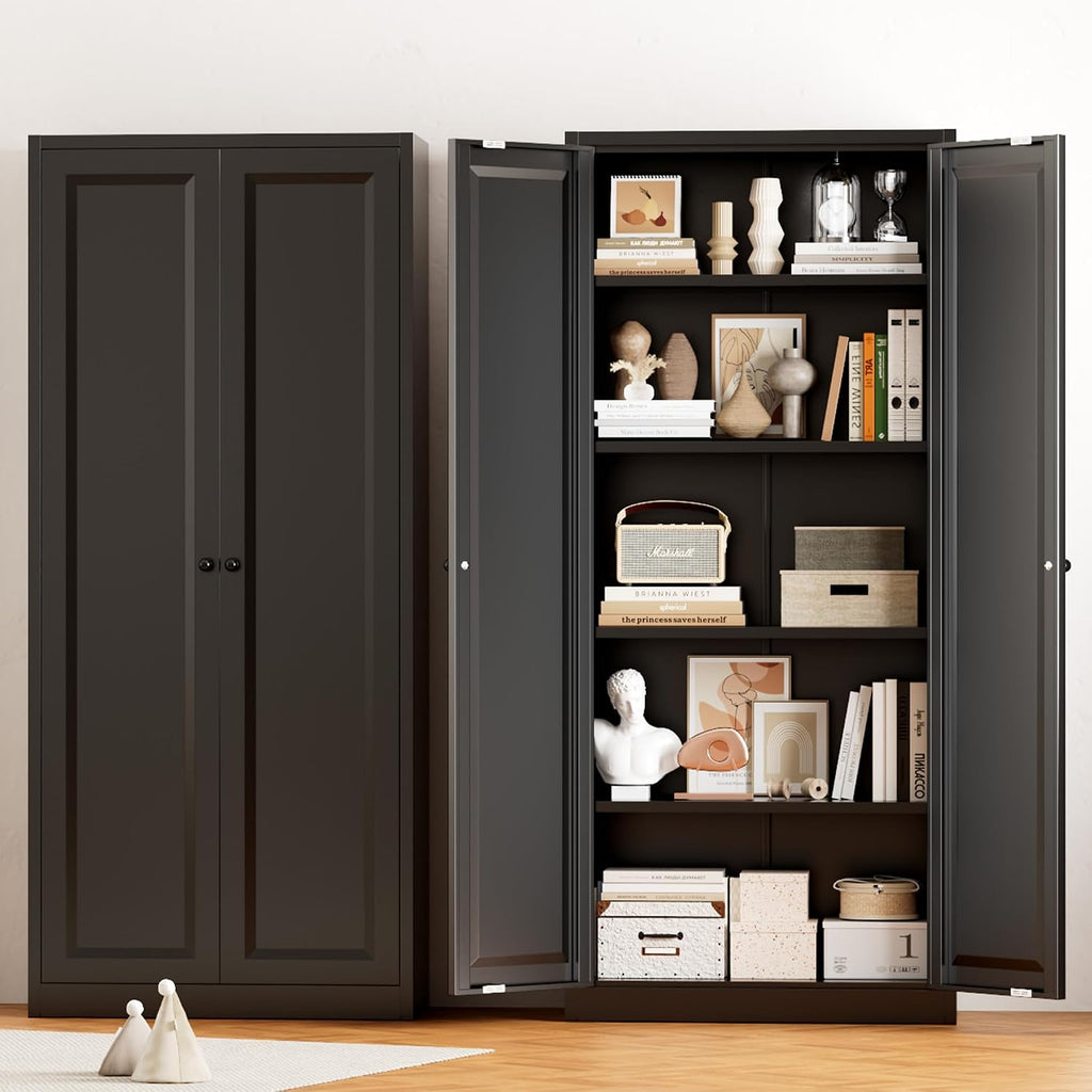 Greenvelly Metal Cabinet, 63' H Black Metal Storage Cabinet with Doors and 4 Shelves, Pantry Storage Cabinet for Kitchen, Bedroom, Living Room, Office (Modern)