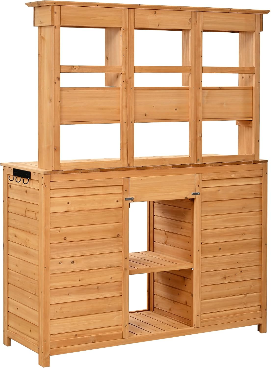 JIVOIT Outdoor Wood Workstation Table, 65.7'' H Tall Garden Potting Bench Table with Hutch, 3 Shelves, 6 Drawers, 2 Bottom Cabinets & Side Hooks, Patio Storage Workstation for Mudroom, Doorway
