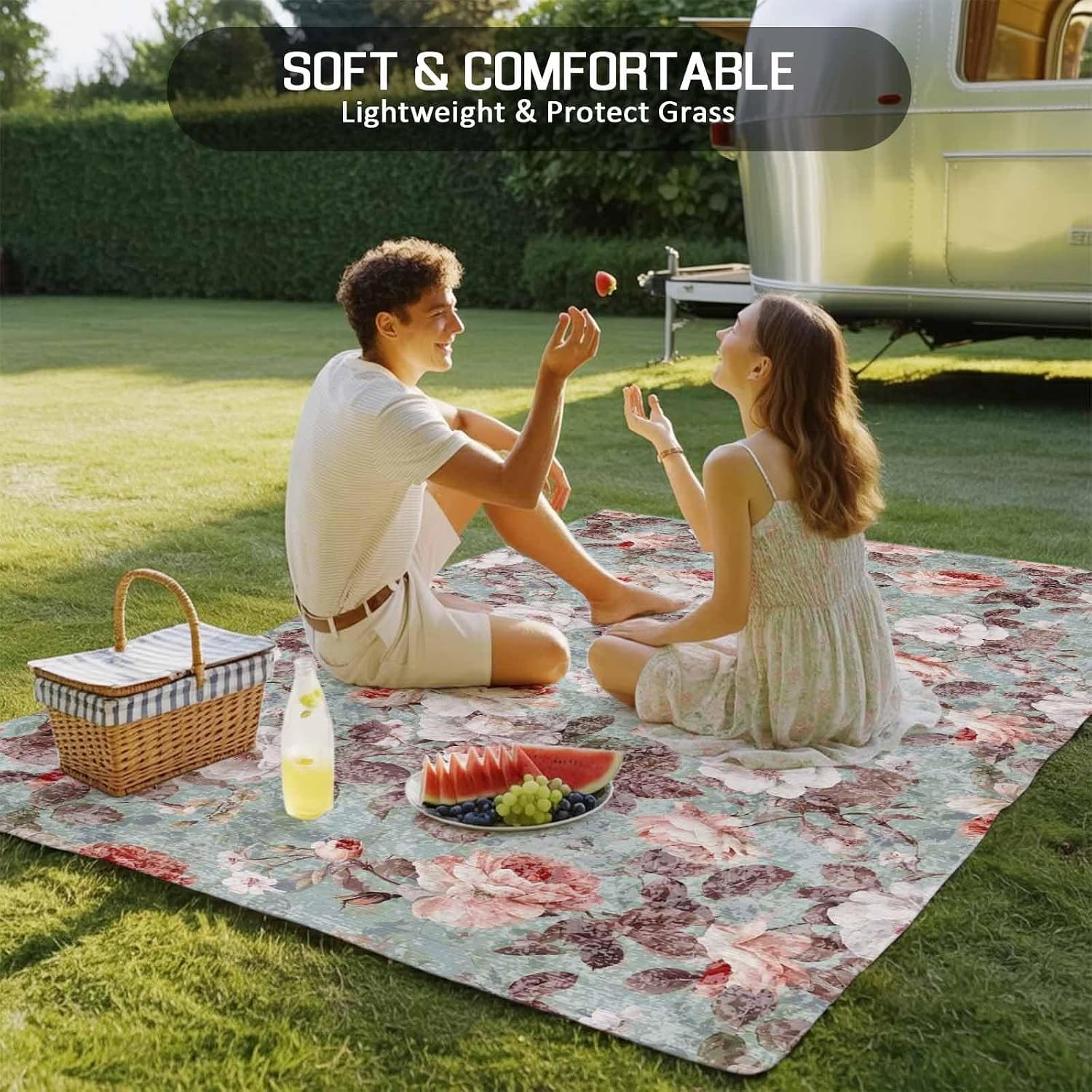 Pink Green Spring Floral Outdoor Rug for Patio/Deck/Porch, Non-Slip Large Area Rug 5 x 8 Ft, Vintage Botanical Summer Indoor Outdoor Rugs Washable Area Rugs, Reversible Camping Rug Carpet Runner