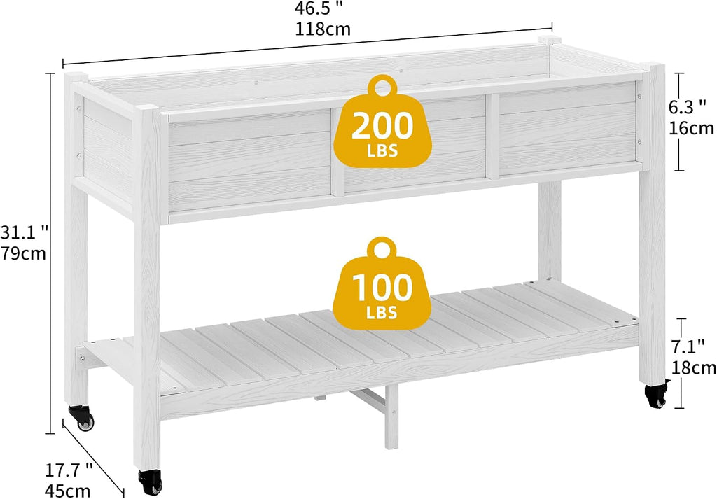 DWVO 47x18x3in Raised Garden Bed HDPE Outdoor with Legs and Lockable Wheels, Weather-Resistant Poly-Wood Elevated Planter Box, Double Tier Planters for Backyard Patio Balcony, White