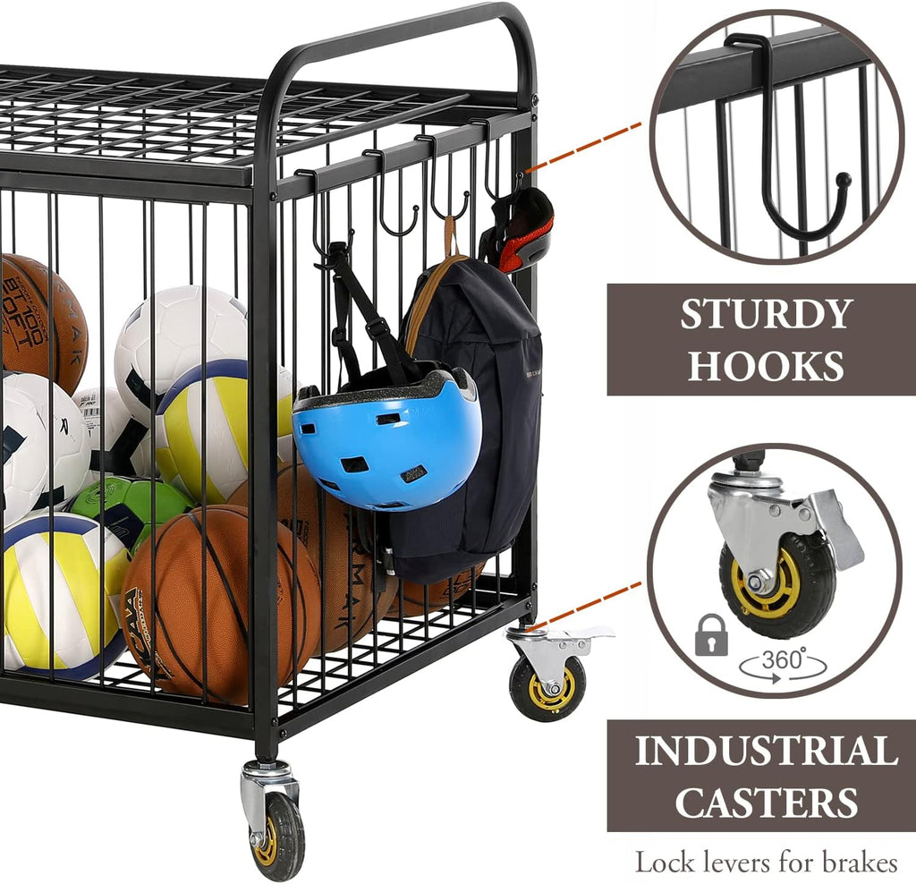 MyGift Large Capacity Metal Rolling Multi Sports Ball Cage Storage Hopper, Gym Equipment Basket Cart with Lockable Latch, Heavy Duty Caster Wheels, and 8 Accessory Hooks
