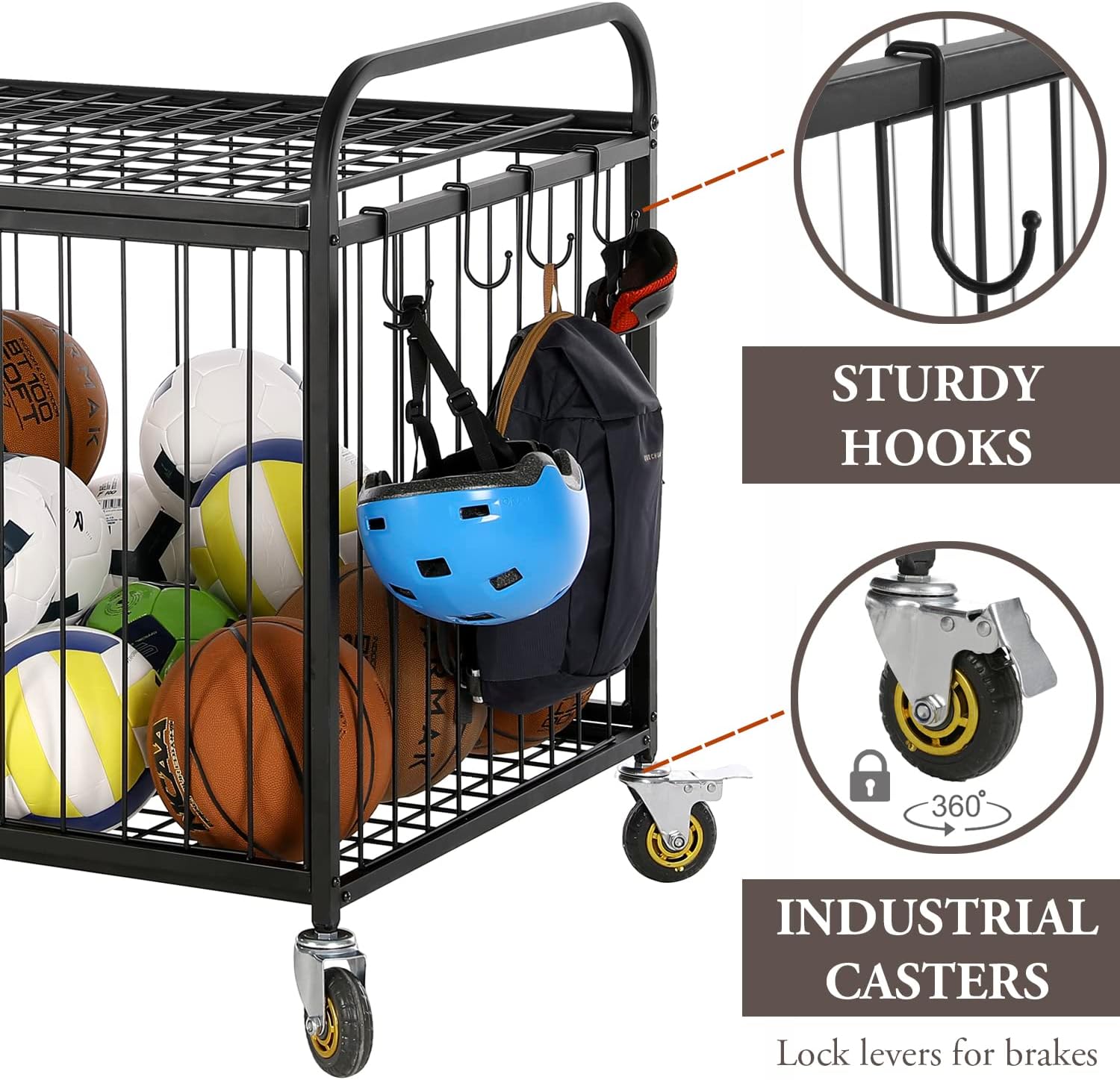 MyGift Large Capacity Metal Rolling Multi Sports Ball Cage Storage Hopper, Gym Equipment Basket Cart with Lockable Latch, Heavy Duty Caster Wheels, and 8 Accessory Hooks