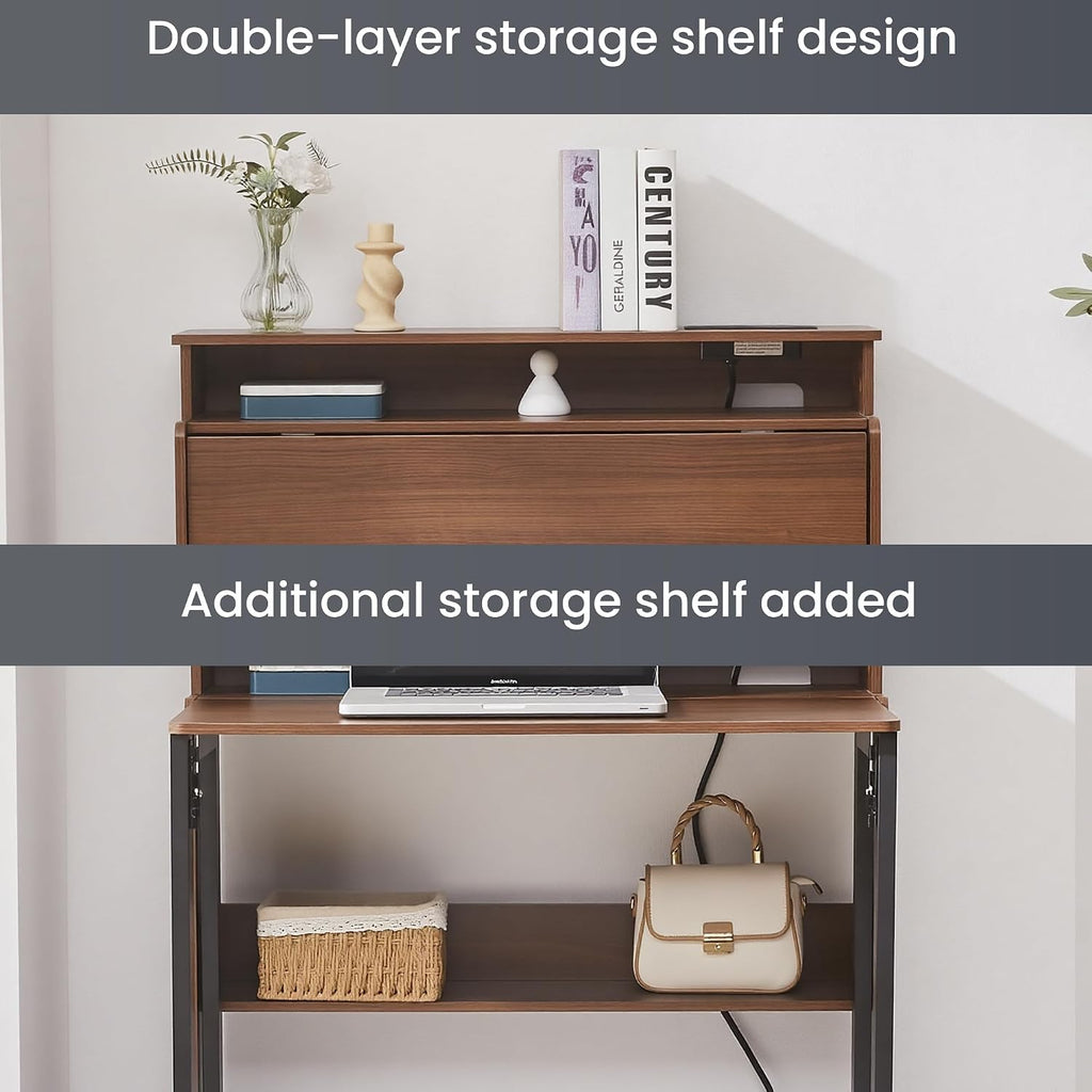 Fold Out Desk with Charging Station, Folding Desk with Monitor Stand,Storage Shelf,Small Foldable Desk for Compact Home Office Spaces