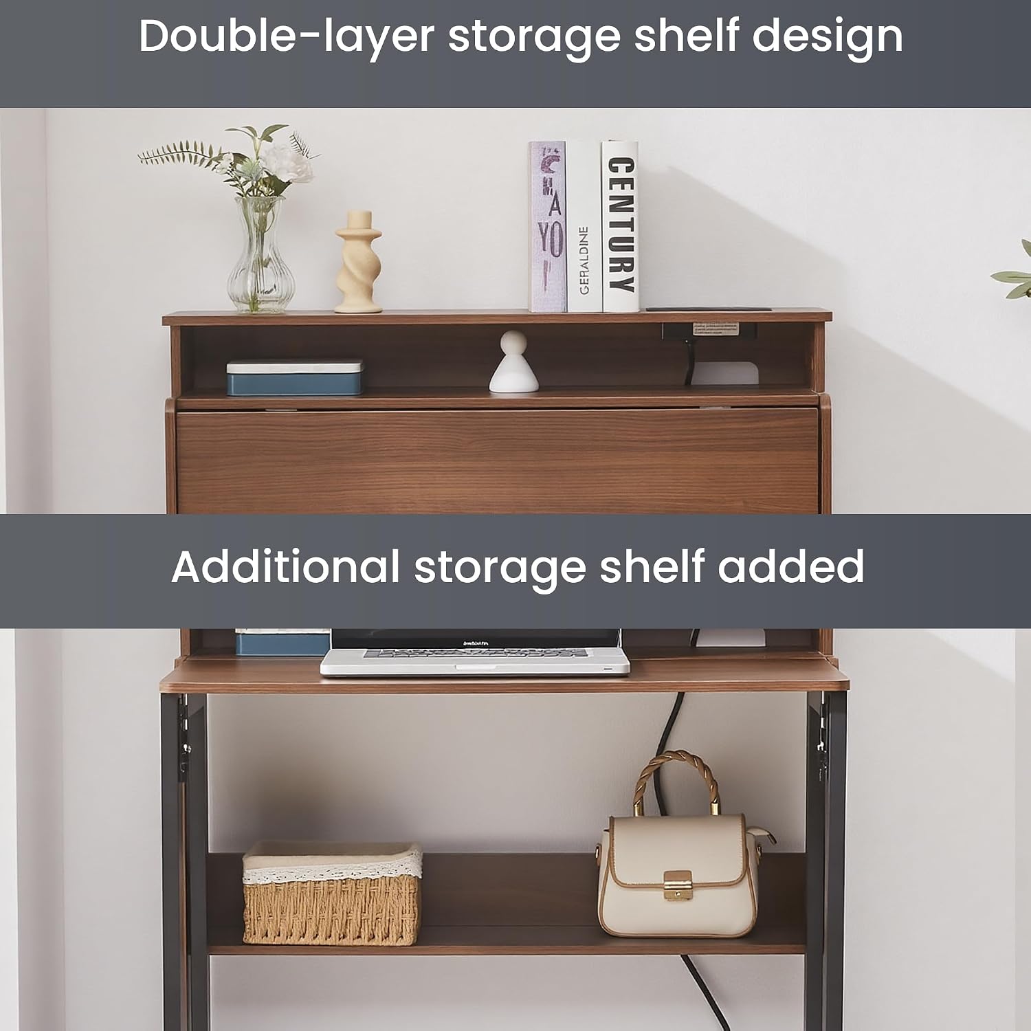 Fold Out Desk with Charging Station, Folding Desk with Monitor Stand,Storage Shelf,Small Foldable Desk for Compact Home Office Spaces