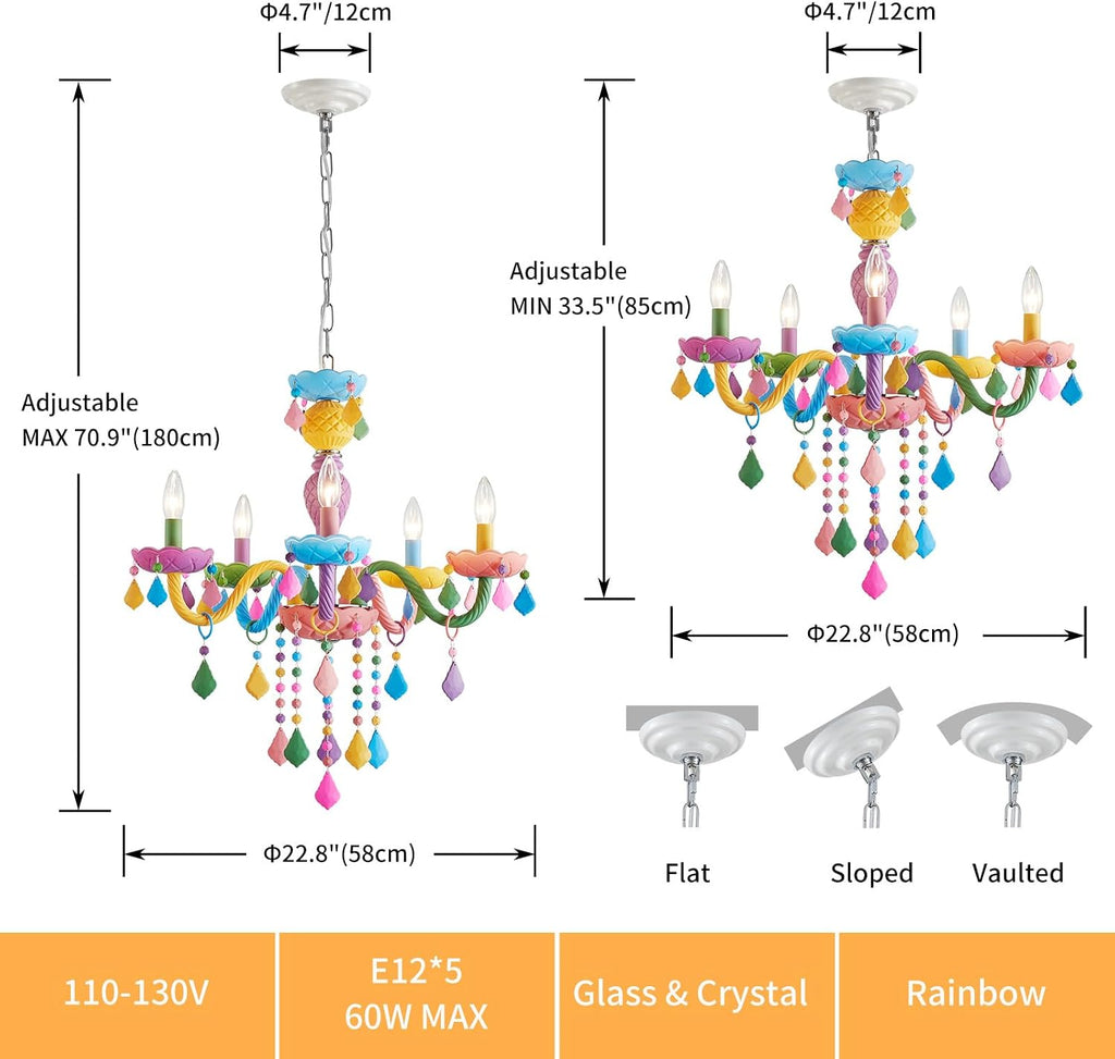5-Lights Children Chandeliers, Modern Candy Design, Colorful Crystal Chandeliers for Bedroom, Dining Room, D22.8'' × H33.5'', Adjustable Height (33.5'~70.9'), Youth Color & Chrome Finish Frame