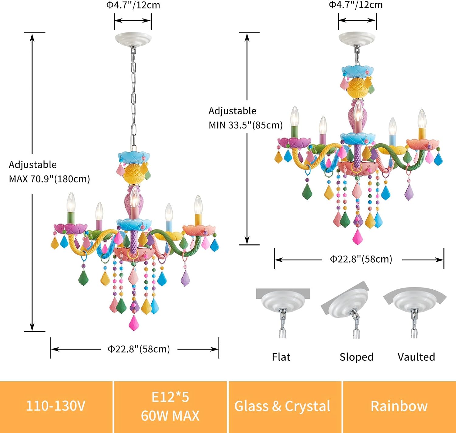 5-Lights Children Chandeliers, Modern Candy Design, Colorful Crystal Chandeliers for Bedroom, Dining Room, D22.8'' × H33.5'', Adjustable Height (33.5'~70.9'), Youth Color & Chrome Finish Frame