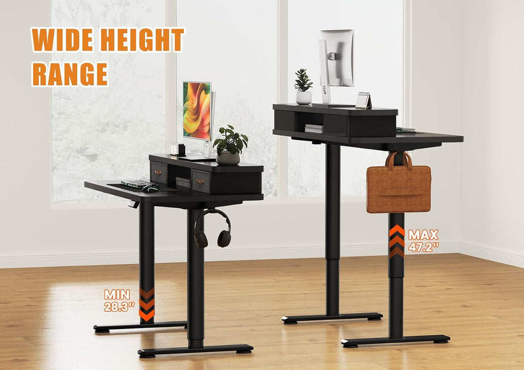 Flycity Electric Standing Desk with Dual Drawers, 48' x 24' Height Adjustable Desk Sit Stand Desk with Memory Controller, Casters & 2 Hooks, Low Noise Home Office Desk, Black