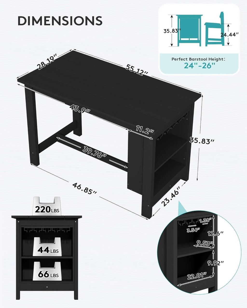 SERWALL Outdoor Bar Table, All Weather HDPE 36' Counter Height Dining Table with Storage and Wine Rack for Patio, Garden, Backyard, Balcony, Poolside, Black