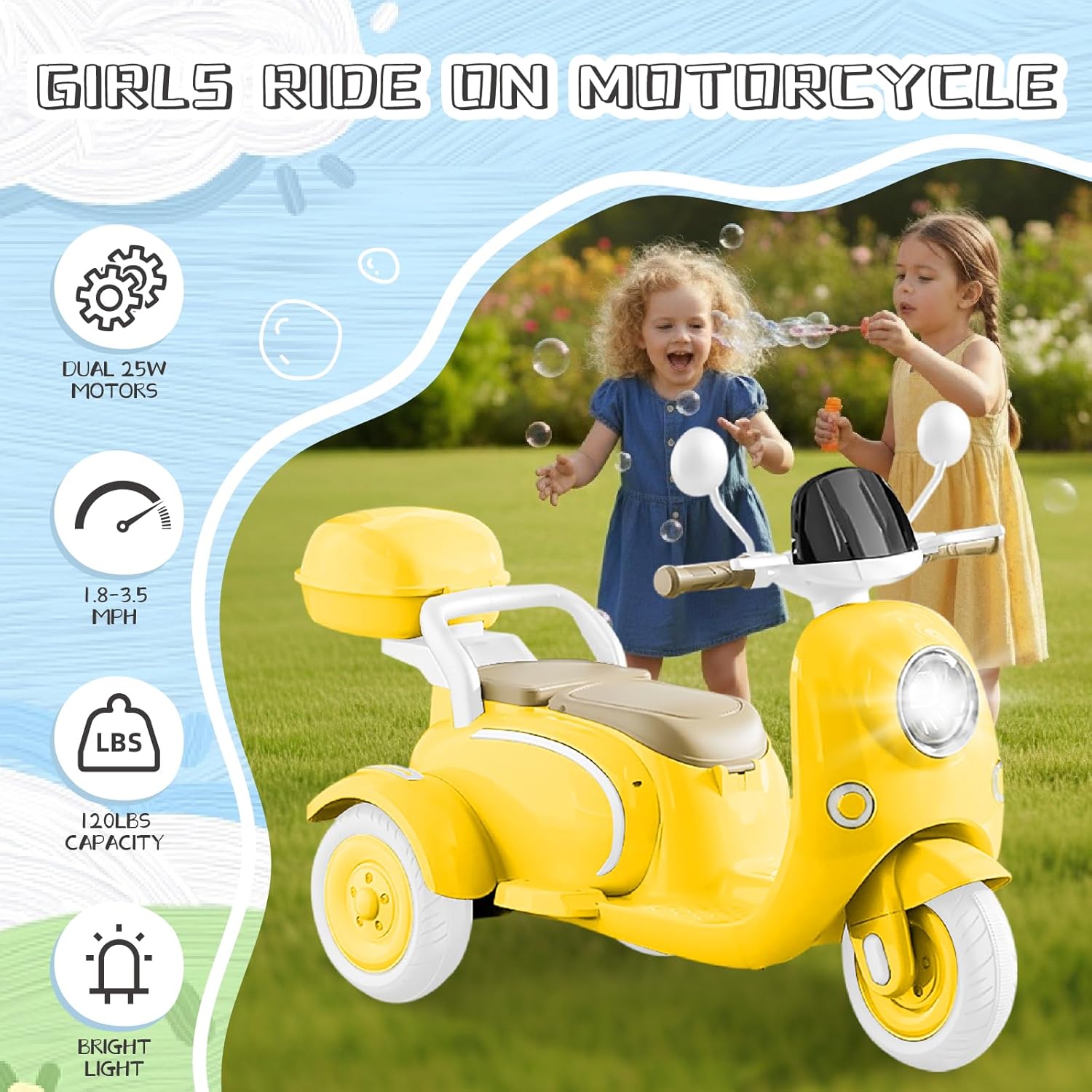 HEIMILI 12V 2-Seater Ride on Motorcycle for Kids, 3 Wheel Electric Motorbike with Dual 25W Motors, Toddler Moped Scooter with Bluetooth Music, Battery Powered Toy for Girls Boys 3-6 Years, Yellow