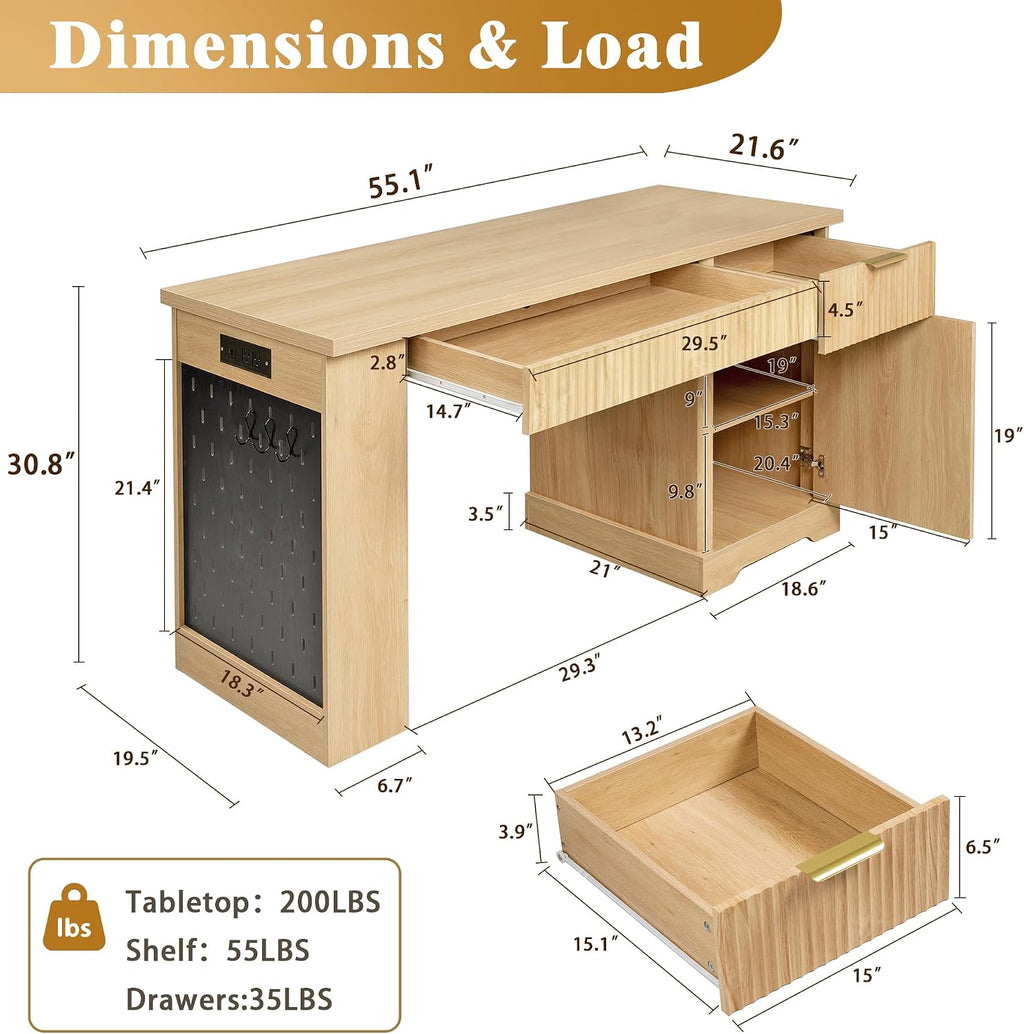 55' Modern Fluted Office Desk with Storage Cabinet & Drawers, Computer Writing Desk with Power Outlet, Pegboard, Built-in Shelves and Keyboard Tray for Study, Living Room, Home Office (Oak)