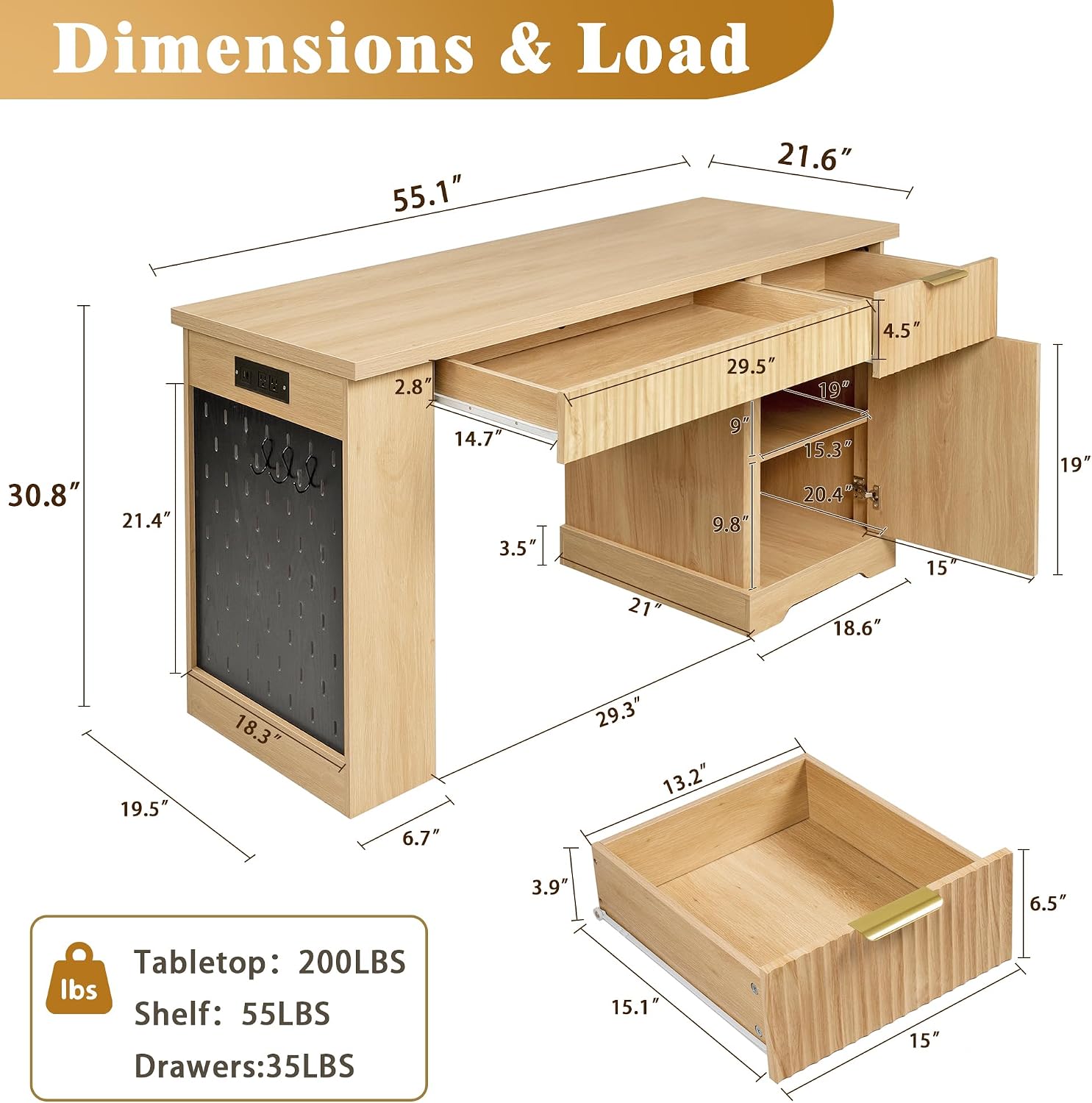 55' Modern Fluted Office Desk with Storage Cabinet & Drawers, Computer Writing Desk with Power Outlet, Pegboard, Built-in Shelves and Keyboard Tray for Study, Living Room, Home Office (Oak)