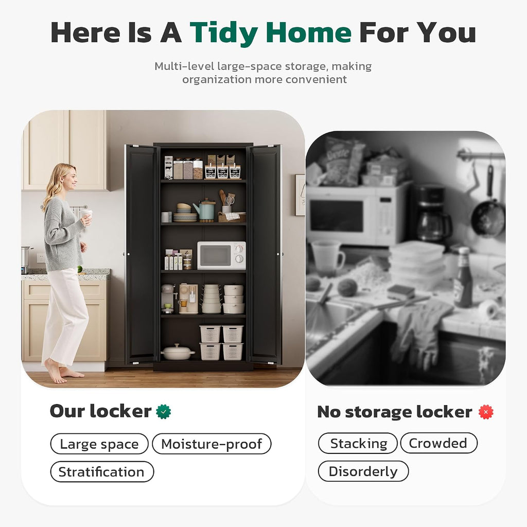 Greenvelly Metal Cabinet, 63' H Black Metal Storage Cabinet with Doors and 4 Shelves, Pantry Storage Cabinet for Kitchen, Bedroom, Living Room, Office (Modern)