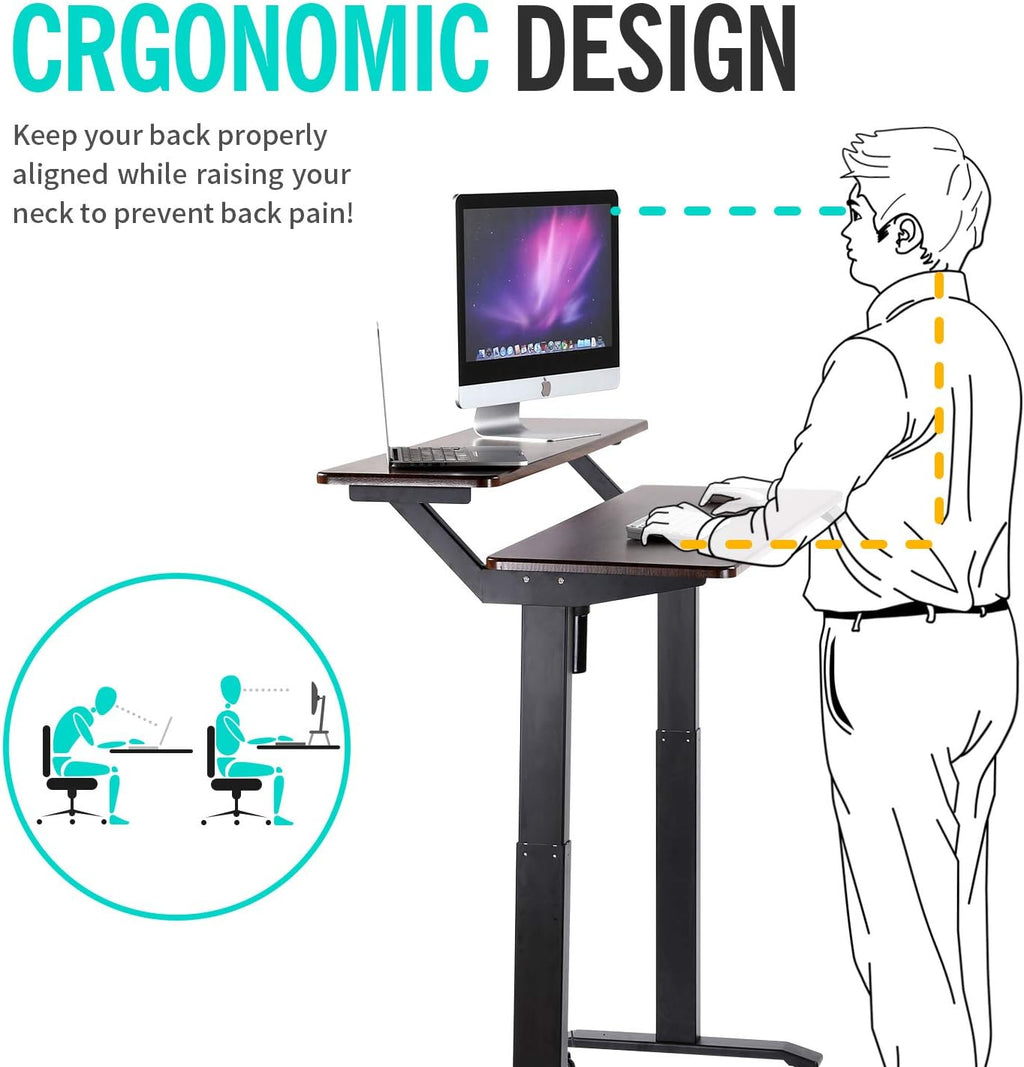 UNICOO Electric Height Adjustable 2-Tier Raising Desk with Wheels, Mobile Standing Desk with Monitor Stand, Ergonomic Adjustable Computer Table, Electric Standing Game Table for Home Office