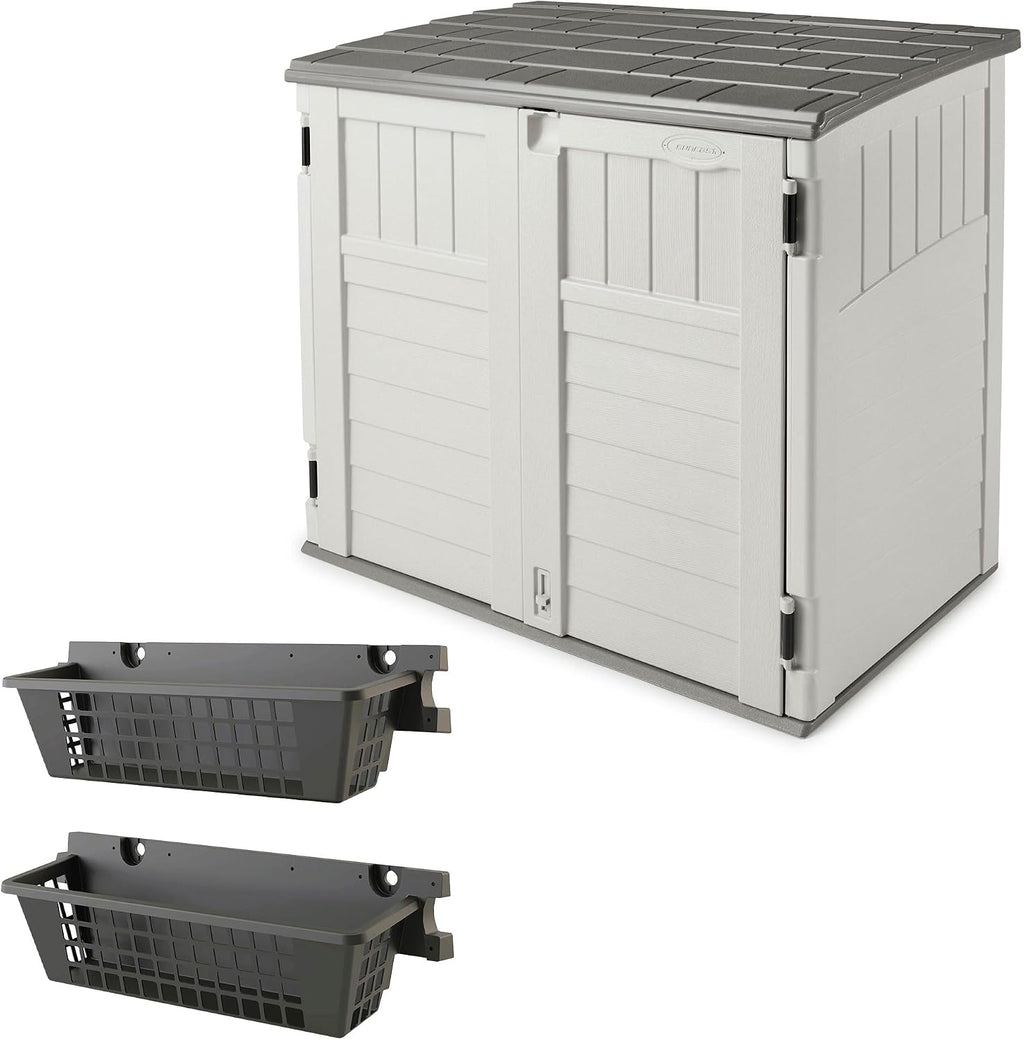 Suncast BMS2500 53 x 31.5 x 45.5 Inch Horizontal Resin Outdoor Storage Shed Bundled with 2 Pack BMSBSKT2PK 25 x 7.25 Inch Basket Accessory, Black