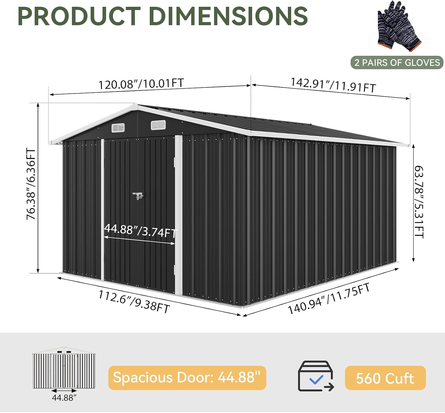 Aoxun 10 x 12FT Outdoor Storage Shed with Double Hinged Large Door Utility Garden Shed with Lockable Door & Sloped Roof Metal Sheds Outdoor Storage for Garden, Backyard, Patio and Backyard, Black