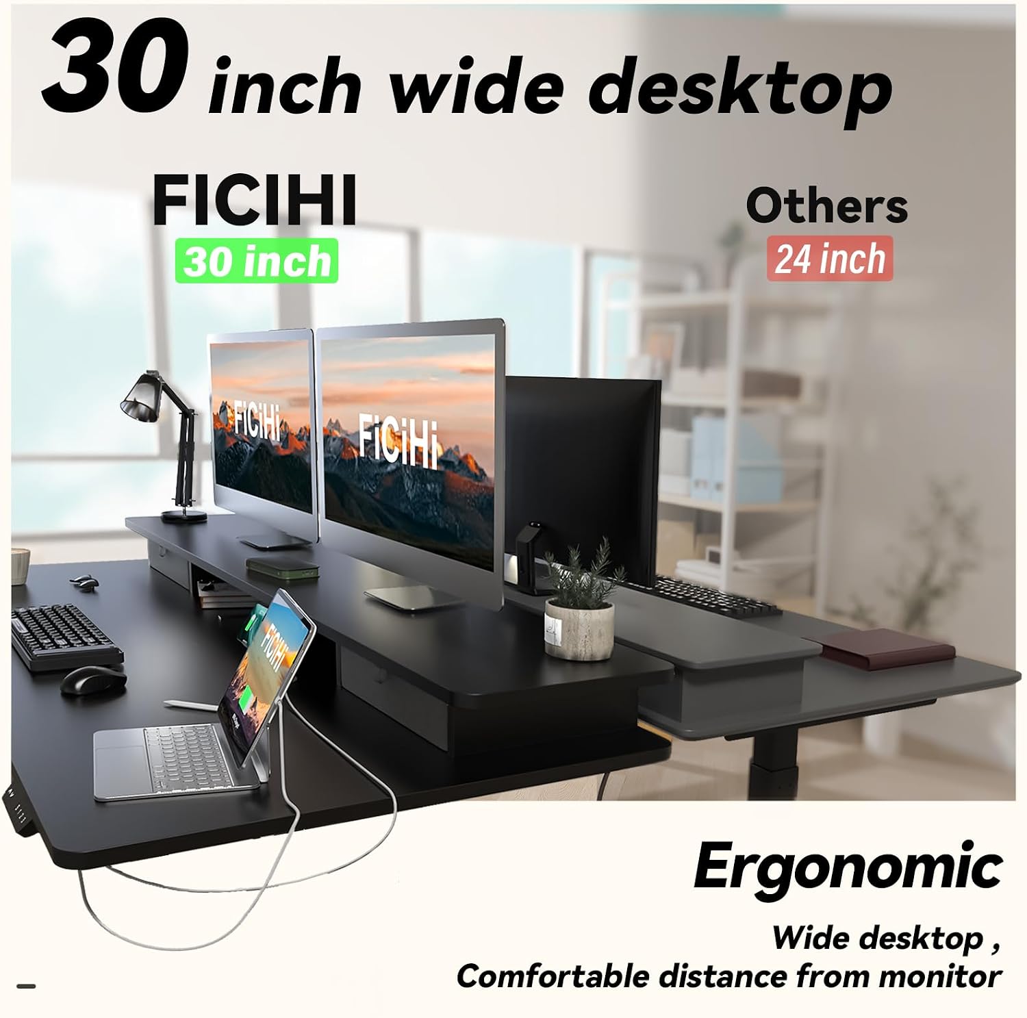 FiCiHi Adjustable Height Standing Desk with 4 Drawers,48 x 30 inches Electric Sit Stand Home Office Desk with Two Tiers, 3 Memory Presets, Monitor Stand Riser, USB A/C Charging Port