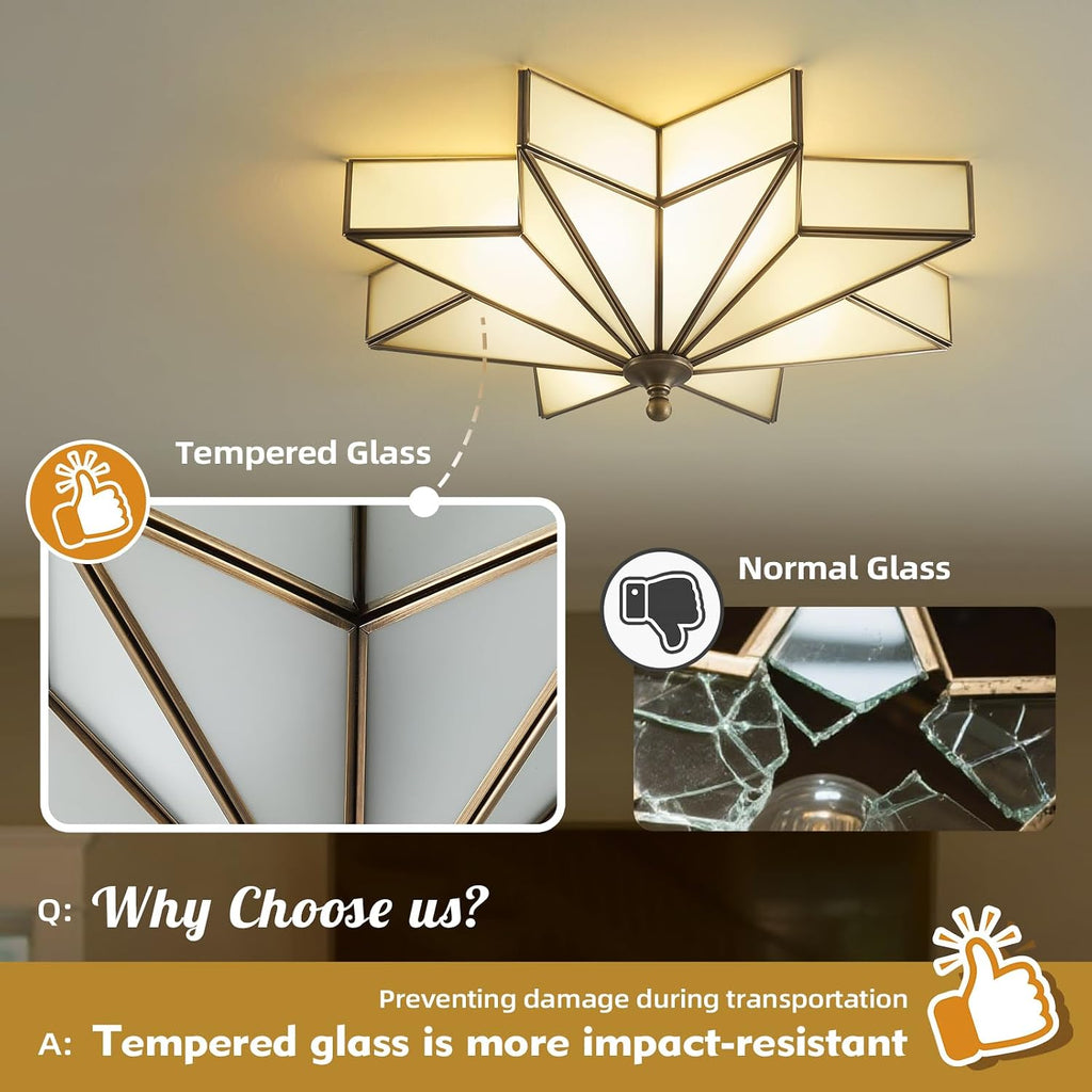 Star Vintage Bronze Ceiling Light - 19.7 Inch Large Milk Glass Antique Flush Mount Fixture - Mid Century Black Art Deco Lighting for Kitchen Hallway Bedroom Bathroom Laundry Entryway Farmhouse Hall