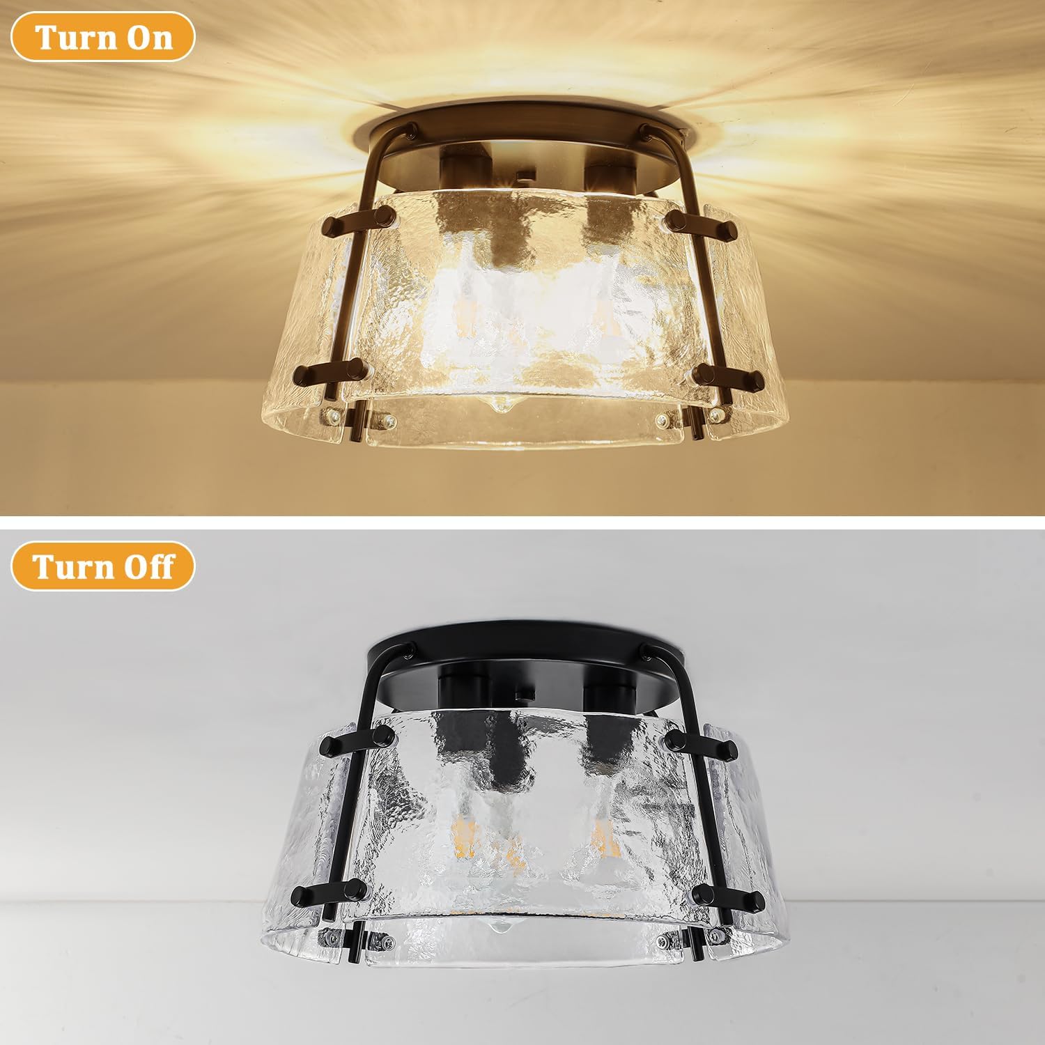 Modern Semi Flush Mount Ceiling Light, 3-Light Black Kitchen Light Fixtures Thick Hammered Glass Close to Ceiling Lights for Hallway Entryway Dining Room Bedroom Bathroom Laundry Room