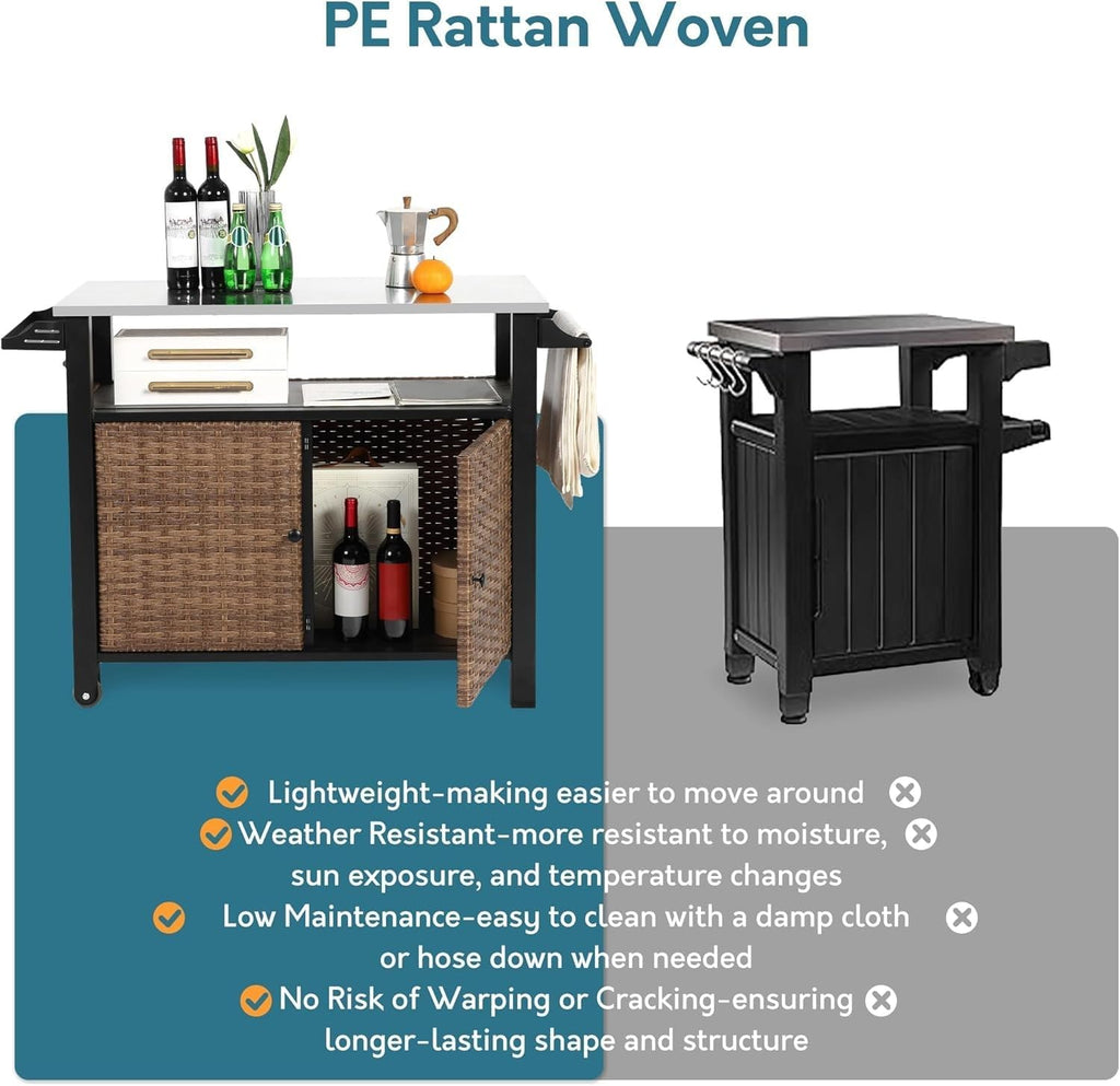 47.2' Grill Cart Outdoor with Wheels, Outdoor Prep Table with Wicker Storage and Rolling Wheels, Kitchen Island Serving Cart with Stainless Steel Table Top for BBQ, Porch, Patio, Brown