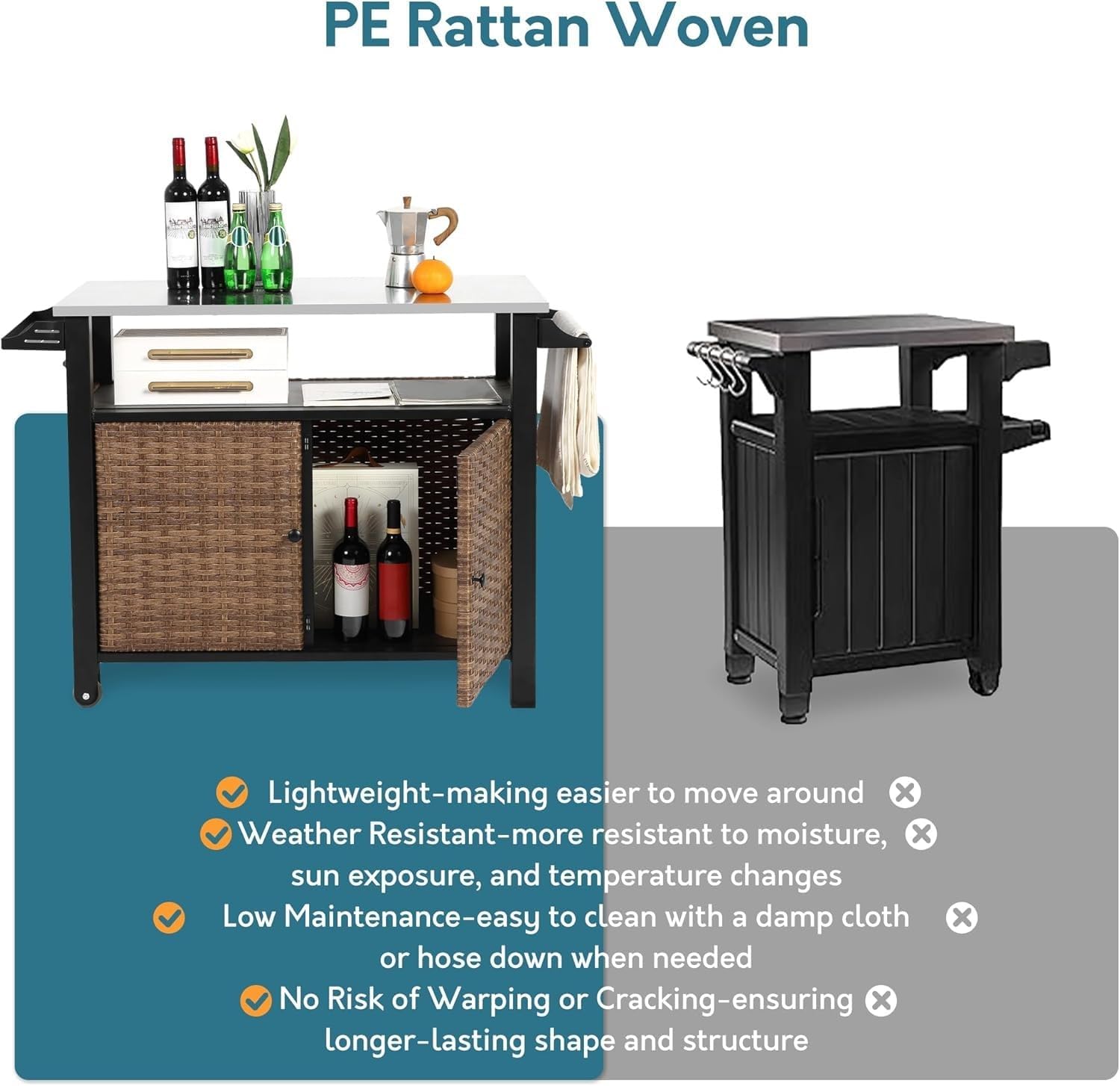 47.2' Grill Cart Outdoor with Wheels, Outdoor Prep Table with Wicker Storage and Rolling Wheels, Kitchen Island Serving Cart with Stainless Steel Table Top for BBQ, Porch, Patio, Brown