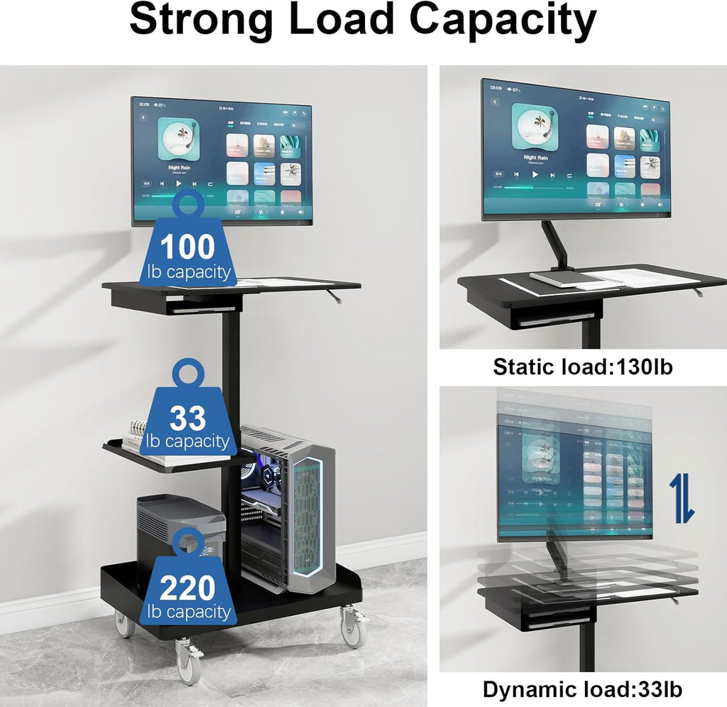 Natwind Mobile Workstation Cart with Monitor Mount,Height Adjustable Rolling Computer Cart, Heavy-Duty Rolling Standing Desk with CPU Holder for Home Office, School,Warehouse, Medical（Black）