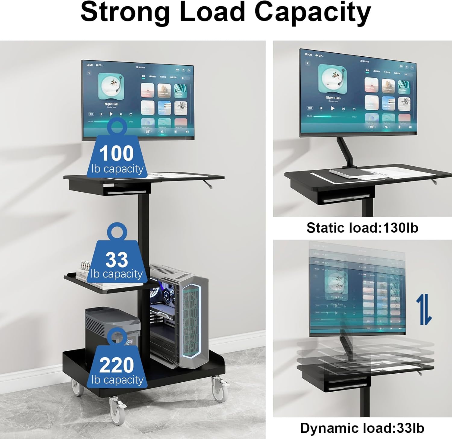 Natwind Mobile Workstation Cart with Monitor Mount,Height Adjustable Rolling Computer Cart, Heavy-Duty Rolling Standing Desk with CPU Holder for Home Office, School,Warehouse, Medical（Black）