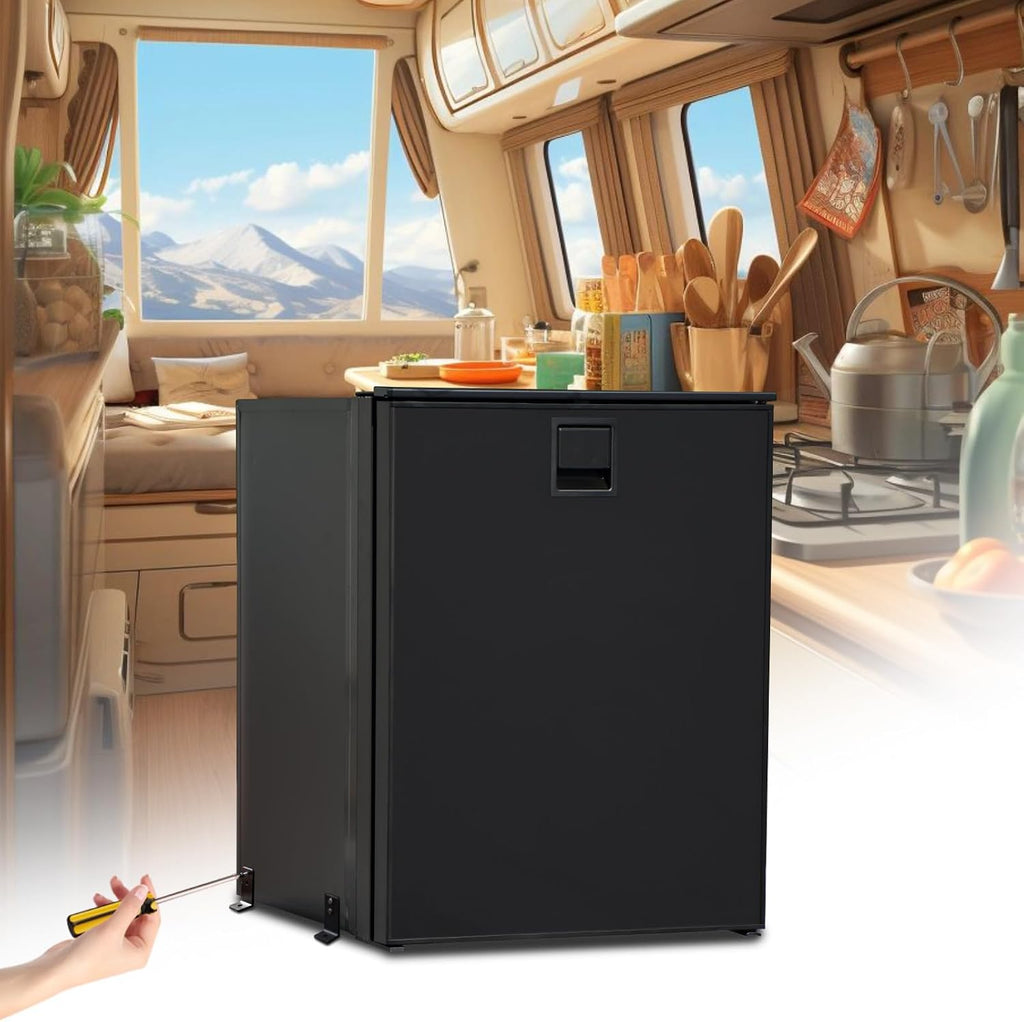 SMETA RV Refrigerator 12V/24V DC Fridge 3 cuft/85L 12 volt Refrigerator Undercounter Electric Cooler for RV Camping Truck Travel, Reversible Door, Seamless, LED