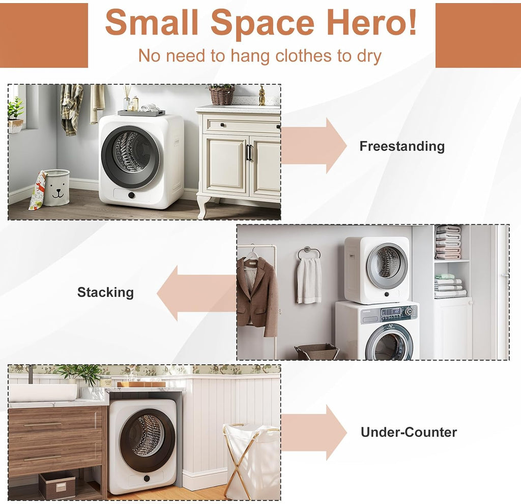 VCJ Portable Clothes Dryer for Apartment, 1.5 Cu.ft Compact Mini Electric Dryer with 5 Drying Modes, Stainless Steel Tub, Simple Knob Control, Dryer Machine for Dorm, RV, Small Space