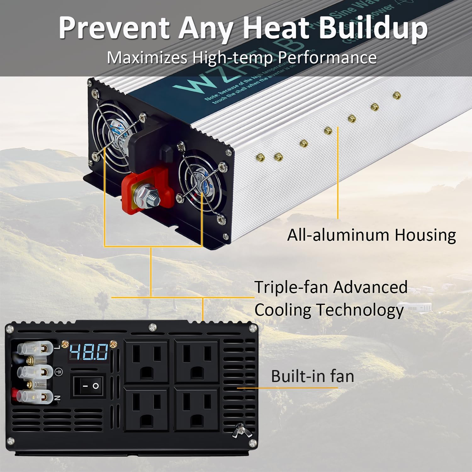 WZRELB 5000W Pure Sine Wave Inverter 12V DC to 110V 120V AC with LED Display,Remote Controller,Off-Grid Power Converter 10000W Surge with 4 AC Outlets, Hardwire Terminal for Home, RV, Truck, Camping