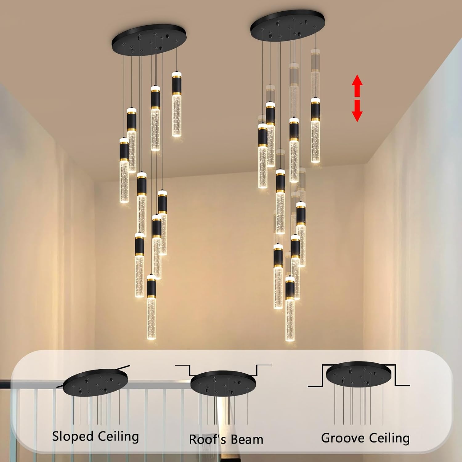 9-Lights Modern Crystal Spiral Chandelier for Staircase High Ceiling Chandeliers Bubble Pendant Lighting Hanging Light Fixture Flush Mount for Foyer Entryway