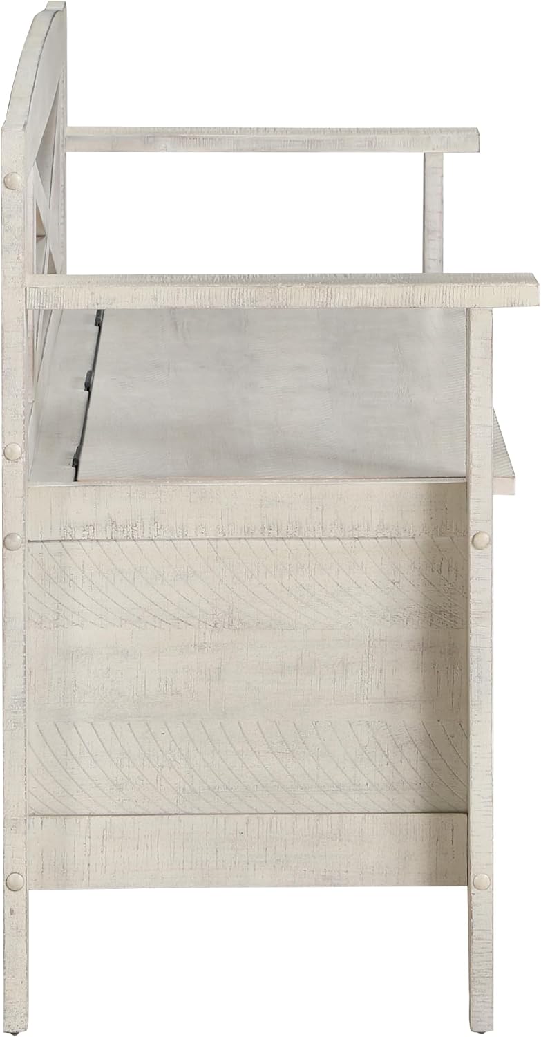 OSP Home Furnishings Metro Entry Way Storage Bench with X-Back, Distressed White Finish