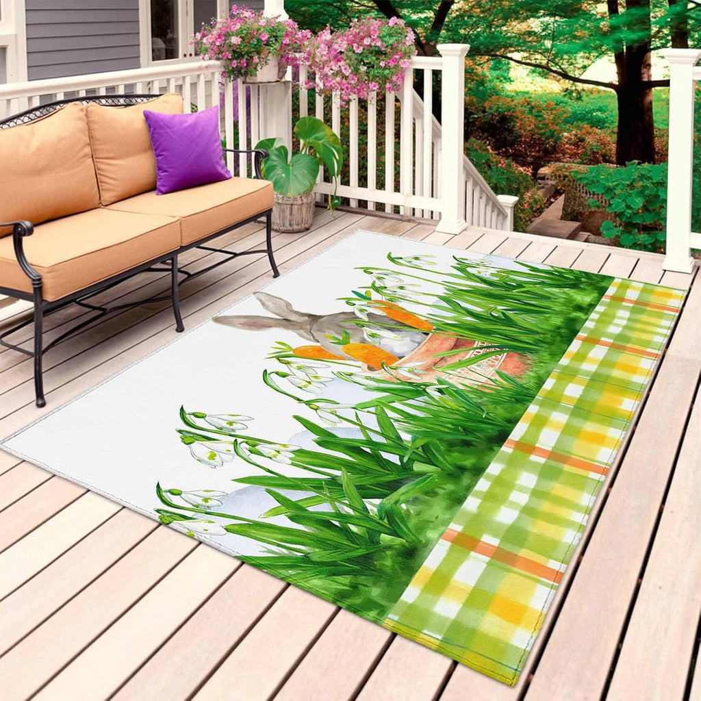 Easter Bunny Outdoor Rug for Patio/Deck/Porch, Non-Slip Large Area Rug 5 x 7 Ft, Spring Garden Floral Botanical Plaid Rustic Indoor Outdoor Rugs Washable Area Rugs, Camping Rug Carpet Runner
