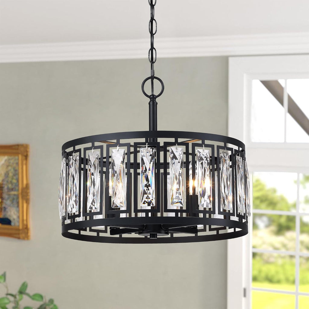 Modern Crystal Chandeliers, 4 Lights Matte Black Pendant Lighting Fixture for Dining Room Adjustable Hanging Ceiling Light for Kitchen Island