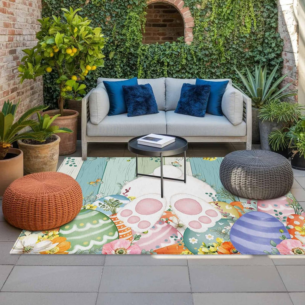 Cute Easter Bunny Outdoor Rug for Patio/Deck/Porch, Non-Slip Large Area Rug 6 x 9 Ft, Eucalyptus Leaves Colorful Eggs Wooden Indoor Outdoor Rugs Washable Area Rugs, Camping Rug Carpet Runner