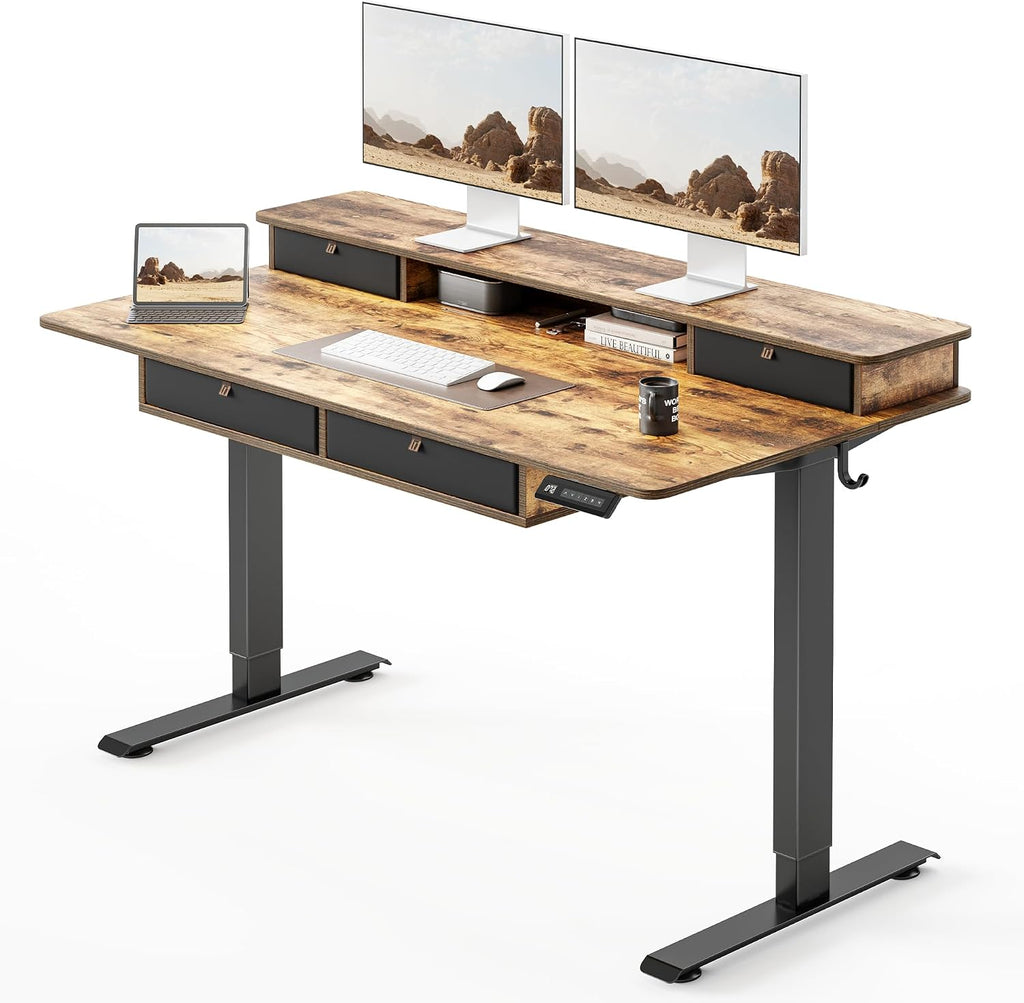 FEZIBO 48 x 24 inch Standing Desk with Drawers, Height Adjustable Electric Workstation, Computer Sit Stand Up Table with Large Storage Shelf 4 Drawers and 2 Hooks, Rustic Brown