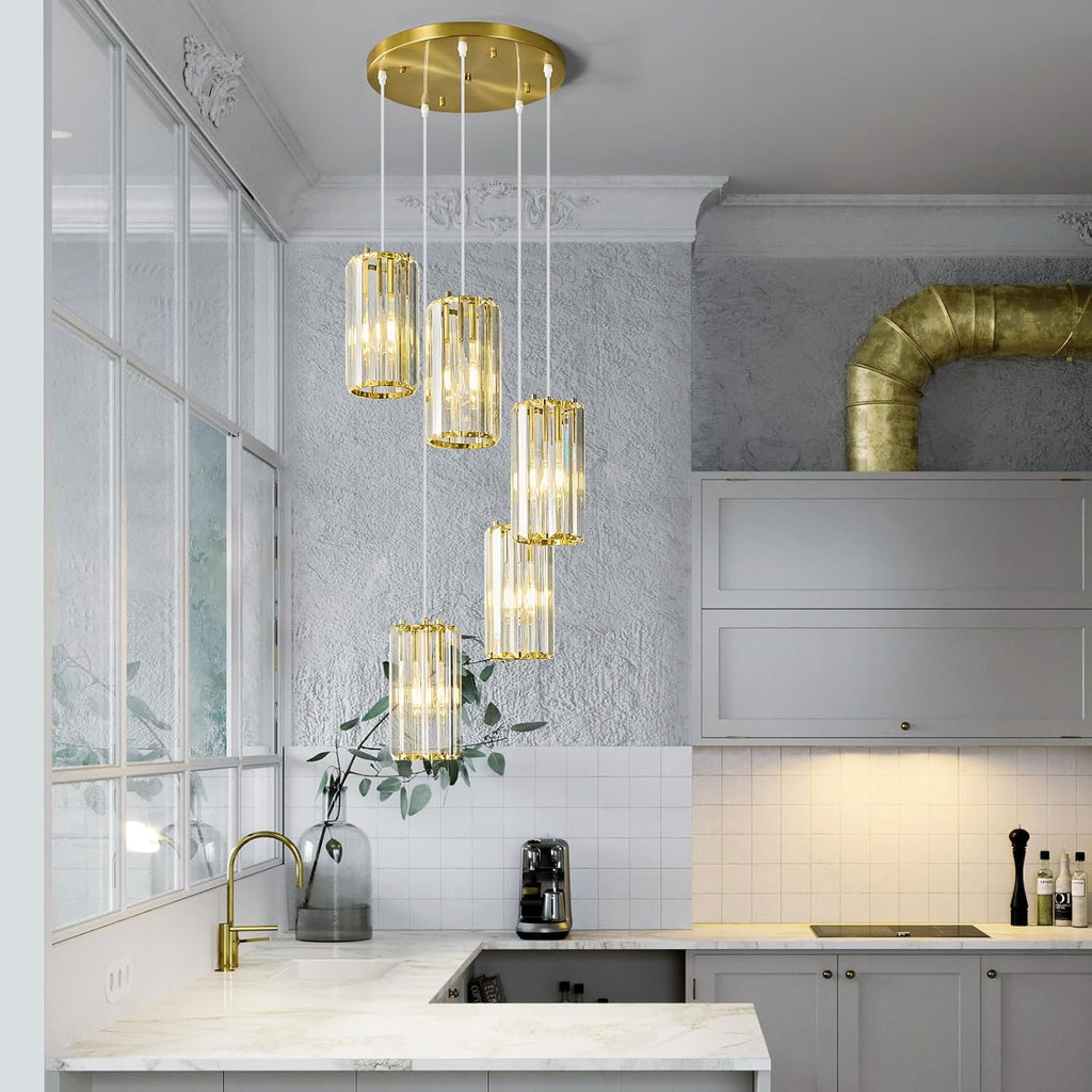 Gold Pendant Lighting Modern Pendant Light, Mini Crystal Chandeliers,Adjustable Pendant Light Fixture for Kitchen Island Dinning Room Corridor Bedroom(Gold 5-Light)