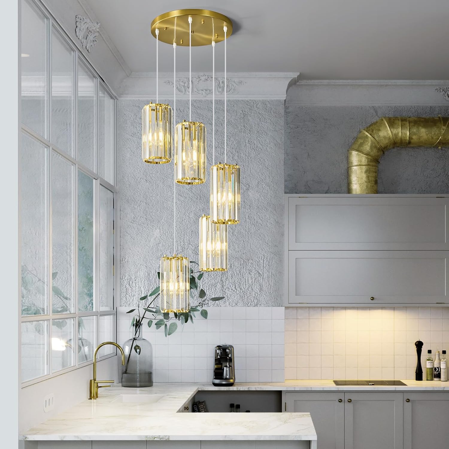 Gold Pendant Lighting Modern Pendant Light, Mini Crystal Chandeliers,Adjustable Pendant Light Fixture for Kitchen Island Dinning Room Corridor Bedroom(Gold 5-Light)
