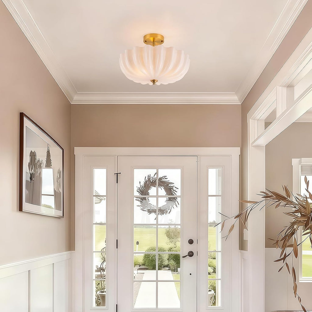 Gold Semi Flush Mount Ceiling Light, 15.7'' Milk Glass Light Fixture, 3-Light Modern Brushed Brass Ceiling Light Fixture for Hallway Entryway Foyer Living Room, E26