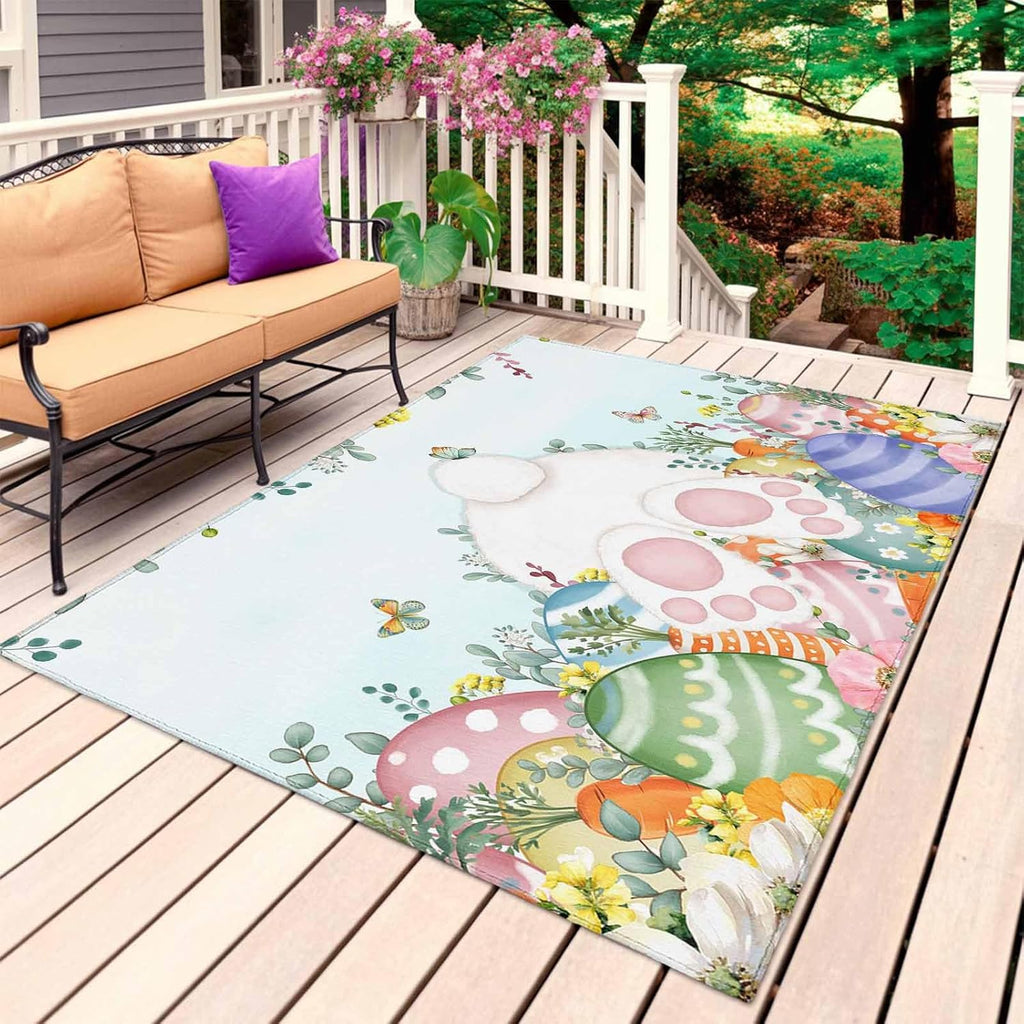 Cute Easter Bunny Outdoor Rug for Patio/Deck/Porch, Non-Slip Large Area Rug 6 x 9 Ft, Eucalyptus Leaves Colorful Eggs Teal Indoor Outdoor Rugs Washable Area Rugs, Reversible Camping Rug Carpet Runner