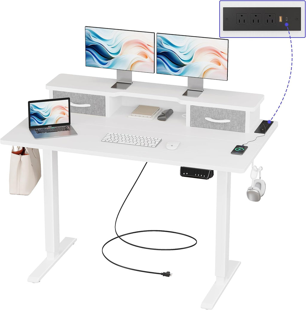 JOISCOPE 48 Inch Electric Standing Adjustable Height Desk with USB & Type-C Outlet, Home Office Computer Gaming Desk with Display Riser and Double Drawer, Sit Stand Desk, White