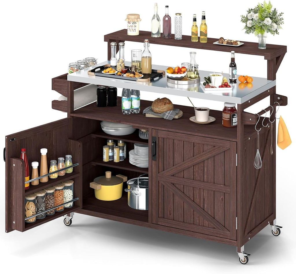 Zevemomo Outdoor Grill Cart with Raised Shelf, Stainless Steel Tabletop Outdoor Kitchen Island, Outdoor Buffet Cabinet with Lockable Wheels, Internal Storage Rack, Spice Rack for Grilling, Brown