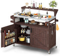 Zevemomo Outdoor Grill Cart with Raised Shelf, Stainless Steel Tabletop Outdoor Kitchen Island, Outdoor Buffet Cabinet with Lockable Wheels, Internal Storage Rack, Spice Rack for Grilling, Brown