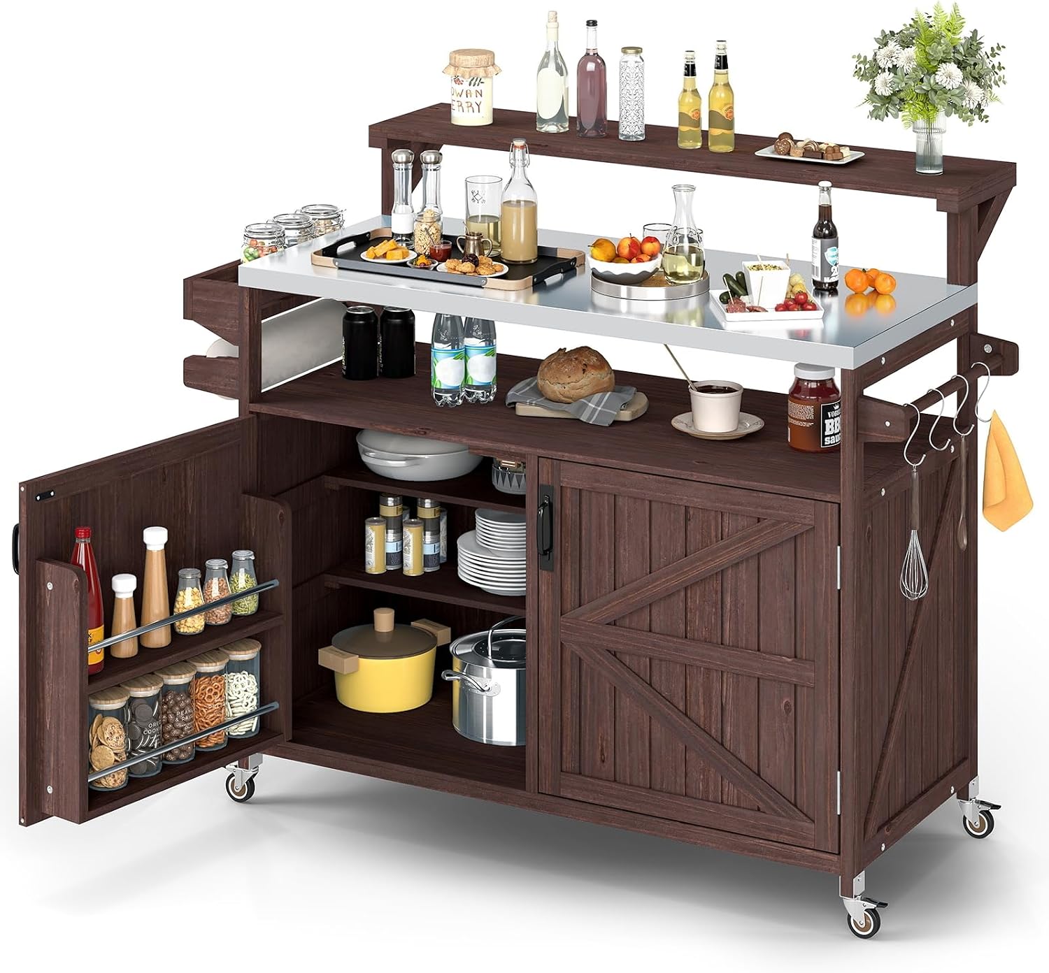 Zevemomo Outdoor Grill Cart with Raised Shelf, Stainless Steel Tabletop Outdoor Kitchen Island, Outdoor Buffet Cabinet with Lockable Wheels, Internal Storage Rack, Spice Rack for Grilling, Brown