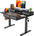 TIQLAB Height Adjustable Desk with Four Drawers, 48 * 28 Inch Standing Desk with Storage Shelf, Splice Board, Black