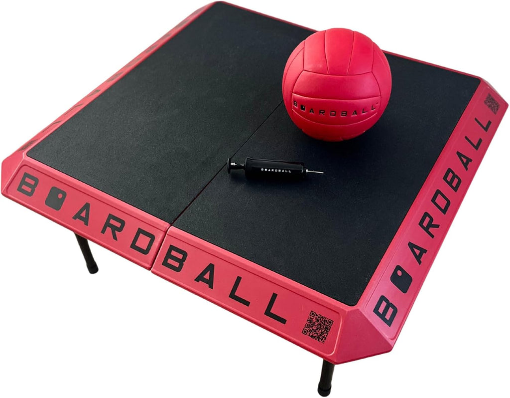 Boardball Sport Portable Volleyball Board Game Set, Indoor & Outdoor Play with Rubber Top Surface Board, Full-Size Ball and Hand Pump, Red/Black