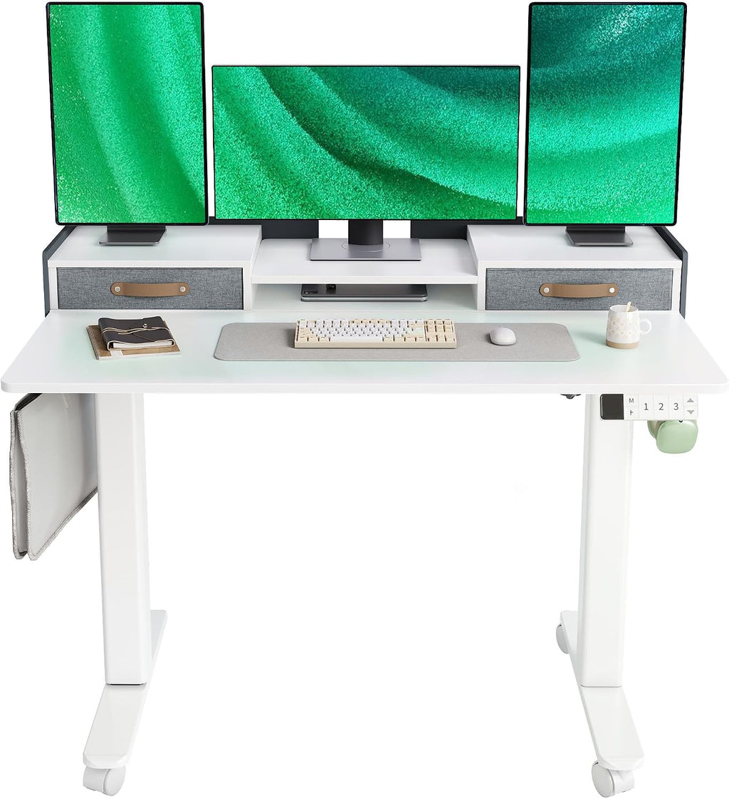 YDN Electric Standing Desk with Drawers, Adjustable Height Stand Up Desk, 48 inch Electric Sit Stand Computer Desk for Home Office, White