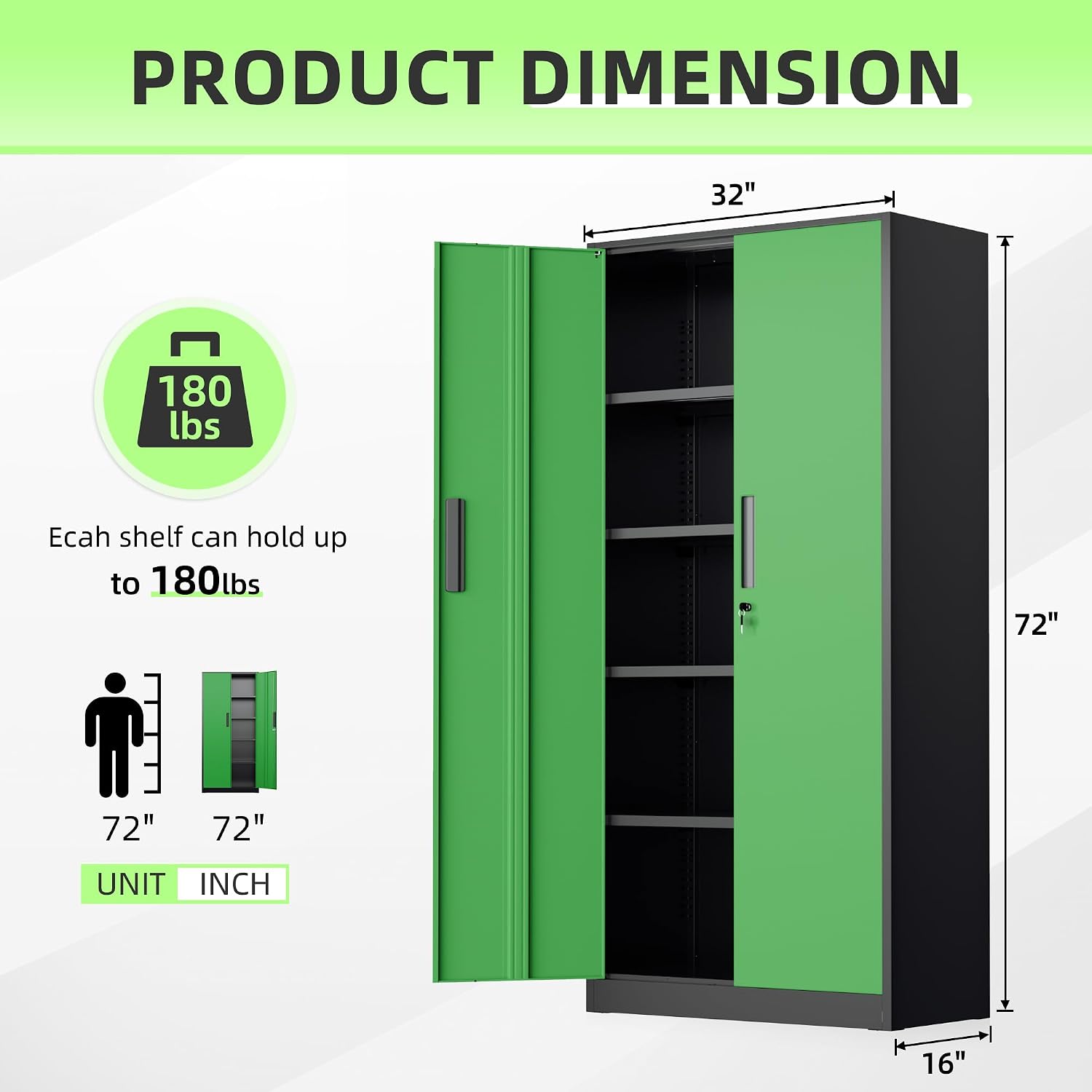Bonusall 72' Metal Garage Storage Cabinet, 2 Locking Doors & 4 Adjustable Shelves Tall Storage, Heavy Duty Steel Tool Cabinet for Home, Office, Warehouse, School (Black Green)