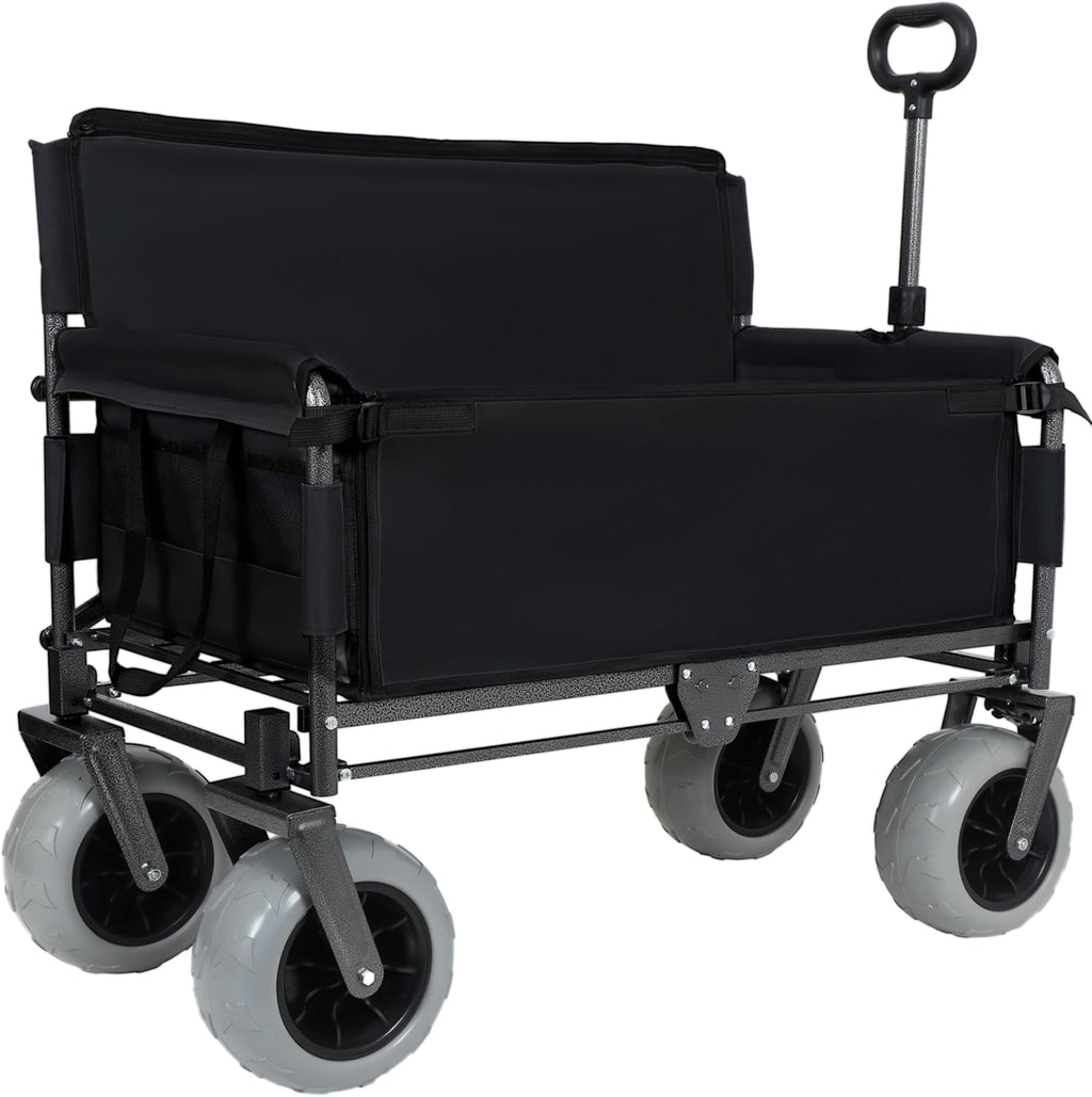 3-in-1 Folding Wagon with Bench Seat – 500lbs Capacity,Reinforced Carbon Steel Frame, 180L Cargo Space– Perfect for Camping, Beach, Outdoor Events & Heavy-Duty Hauling (Black)